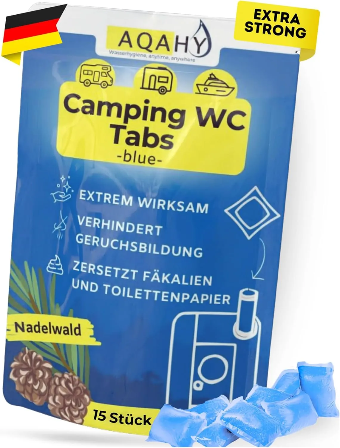 Camping Toiletten Zusatz - Tabs blue extra stark – Nadelwald WC Drops - Chemietoilette Tabs entfernt unangenehme Gerüch…