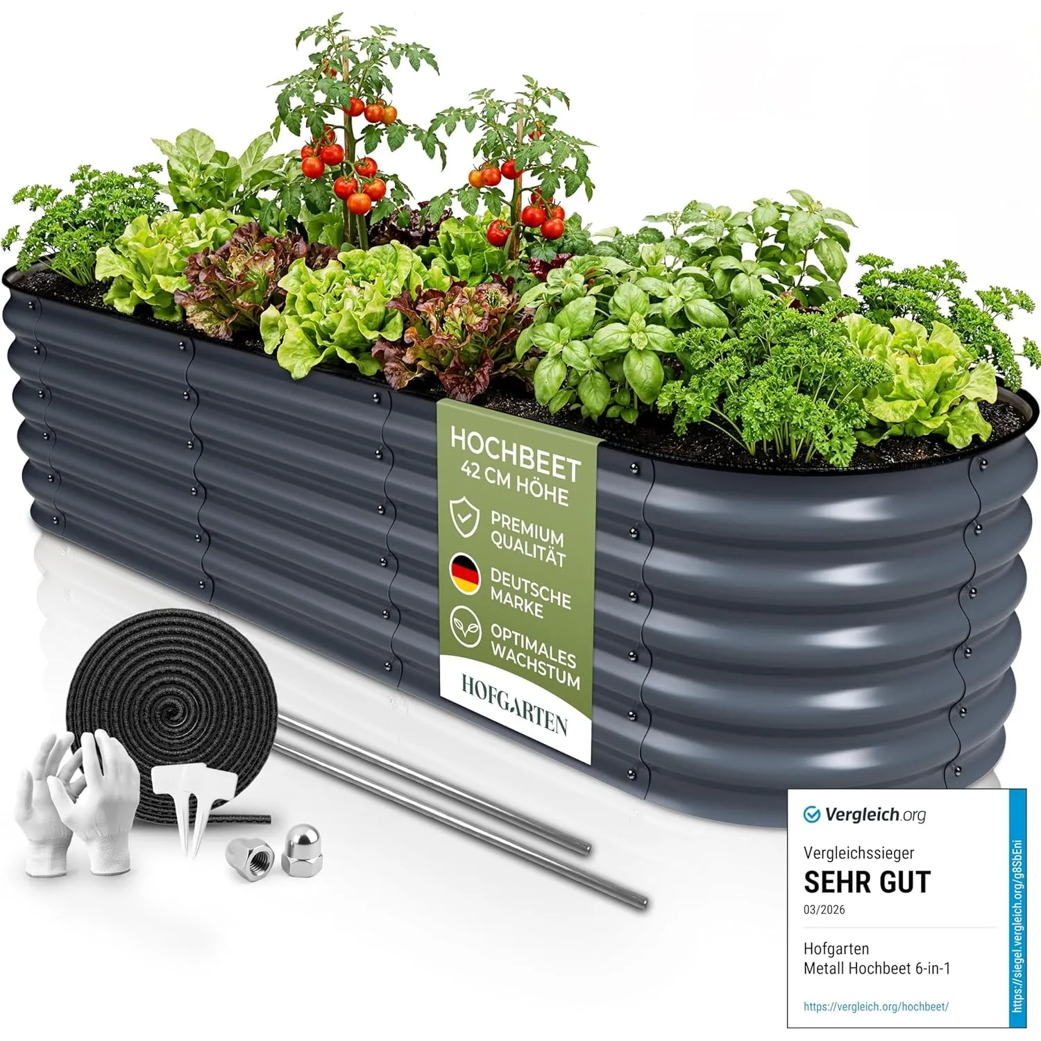 HOFGARTEN Hochbeet Metall 200x60x42 cm, 6-in-1, erweiterbar, Anthrazit | Bodenoffen, Zn-Al-Mg-Stahl, formstabil bei vol…