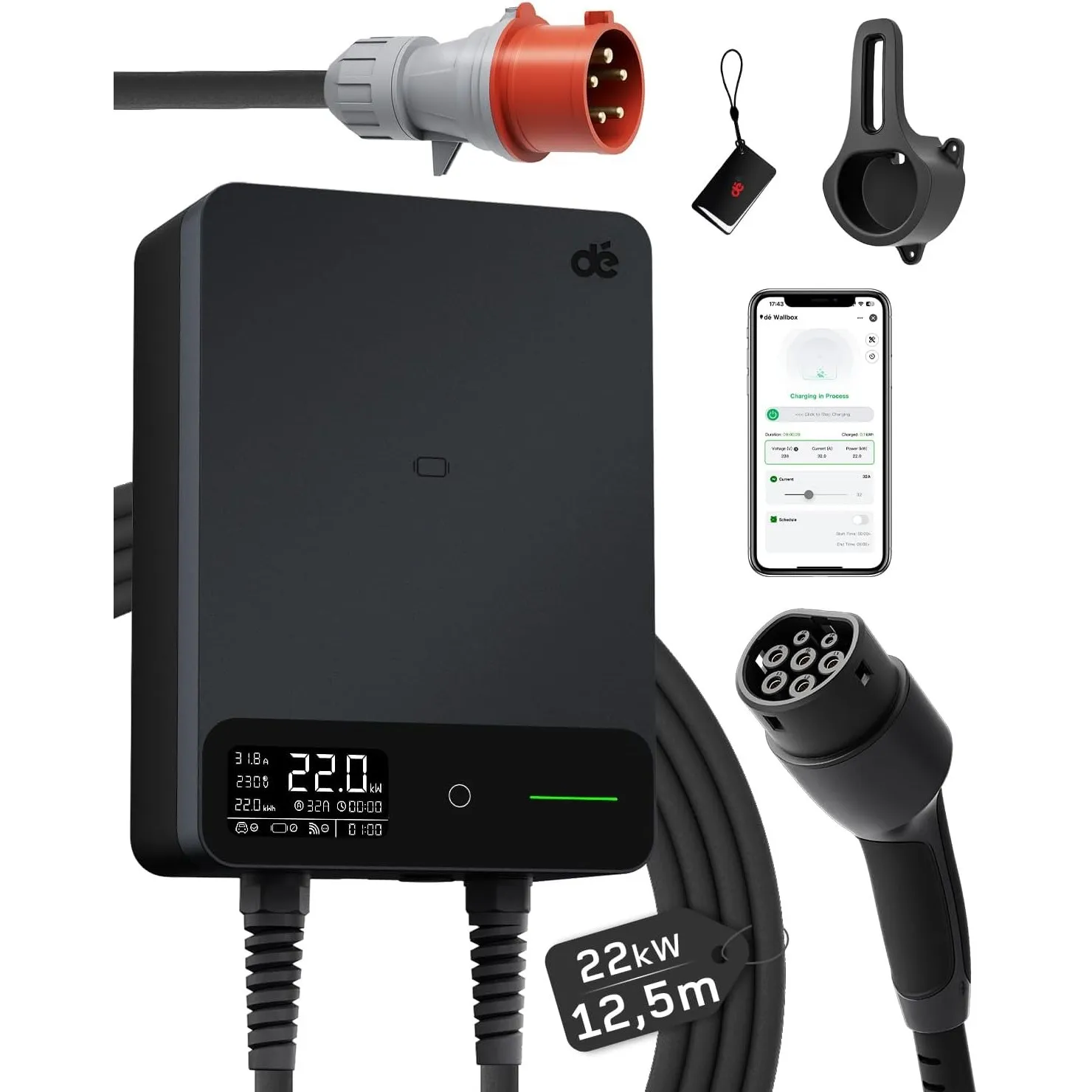 dé Wallbox 22kW mit APP, 12m Typ 2 Ladekabel mit Kabelhalter, 3-Phasen EV-Ladegerät (6-32A, 400V), für BEV/PHEV, RCD Ty…