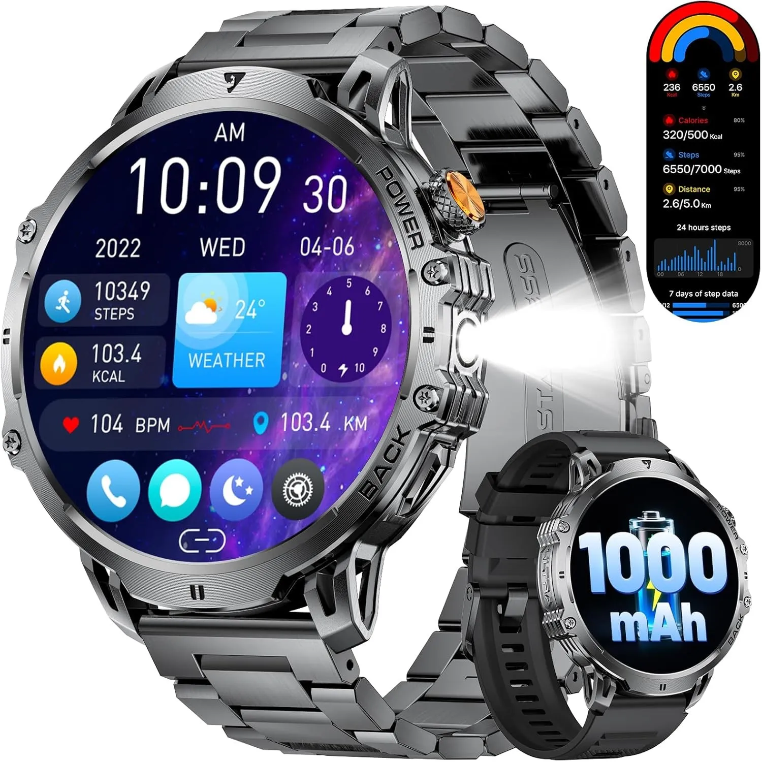 LIGE Militär Smartwatch Herren - 1000 mAh/1,85" HD Großes Touchscreen/LED-Licht, Fitnessuhr mit 110+ Sportmodi, Herz-/S…