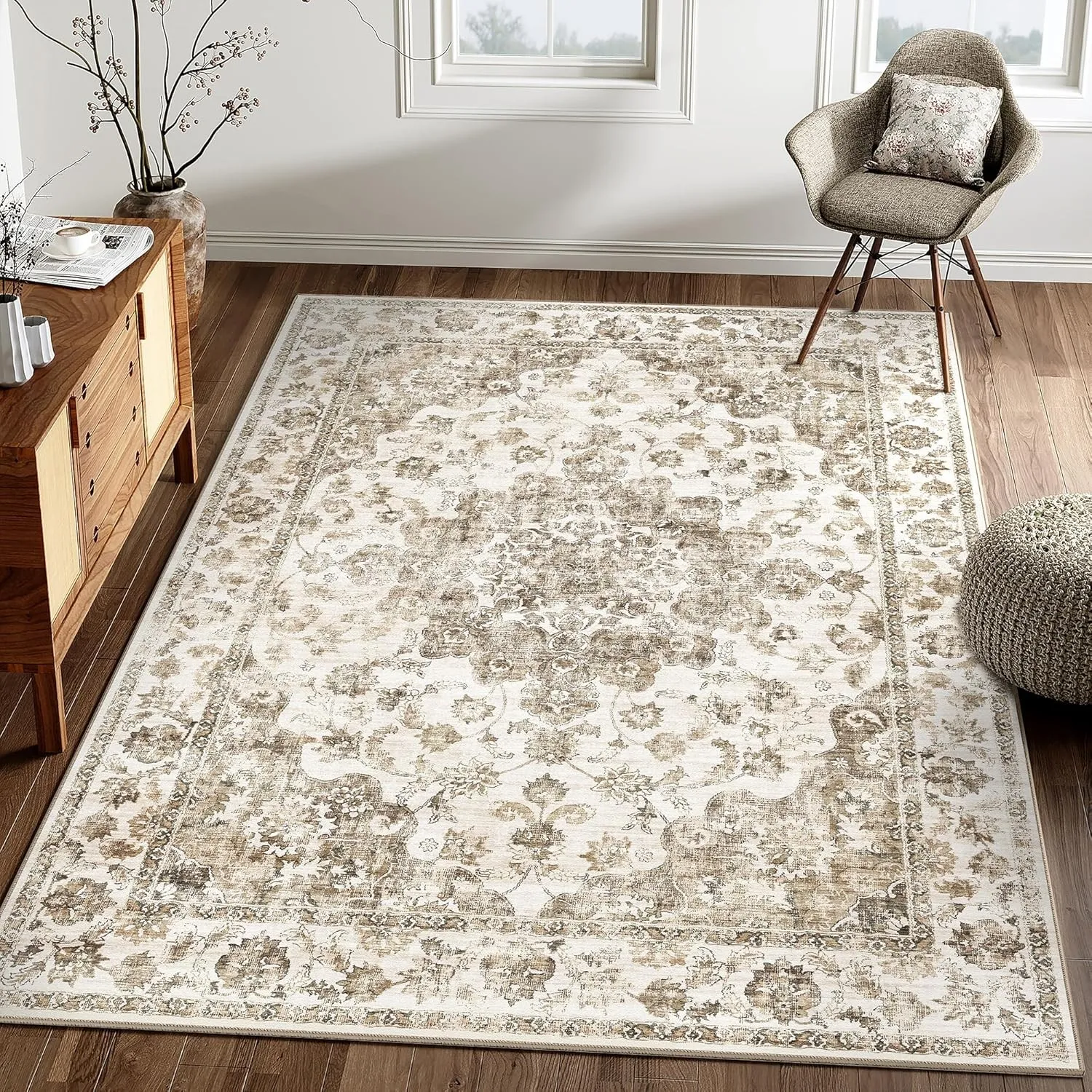 HUGEAR Vintage Braun Waschbarer Teppich Wohnzimmer 140x200cm Retro Rugs for Living Room Weich rutschfest Groß Tepich Ku…