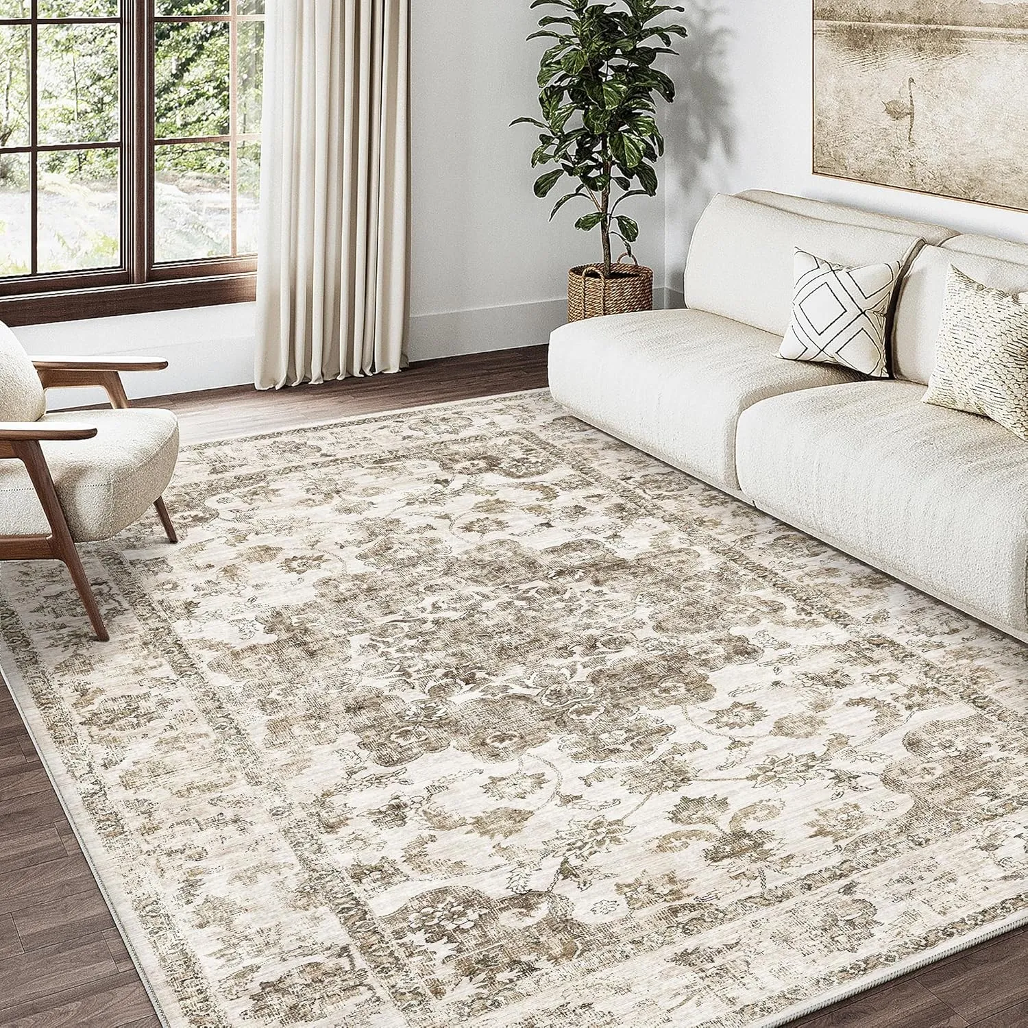 HUGEAR Vintage Teppich Wohnzimmer 160x230cm Braun Waschbar | Waschbarer Retro Teppich,Weich,Rutschfest Kurzflor,Groß,fü…