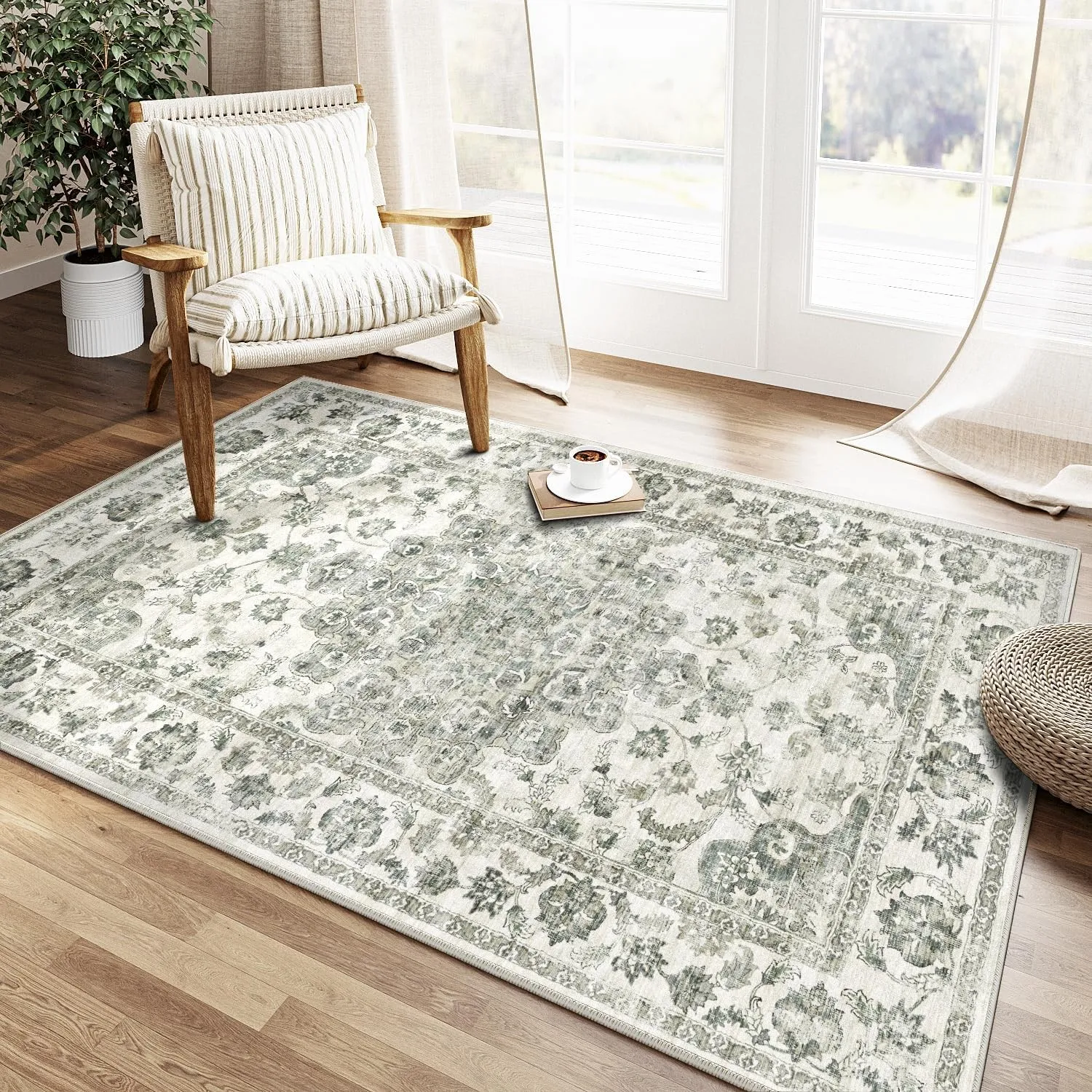 HUGEAR Vintage Grün Waschbarer Teppich Wohnzimmer 120x170cm Retro Rugs for Living Room Weich rutschfest Groß Tepich Kur…
