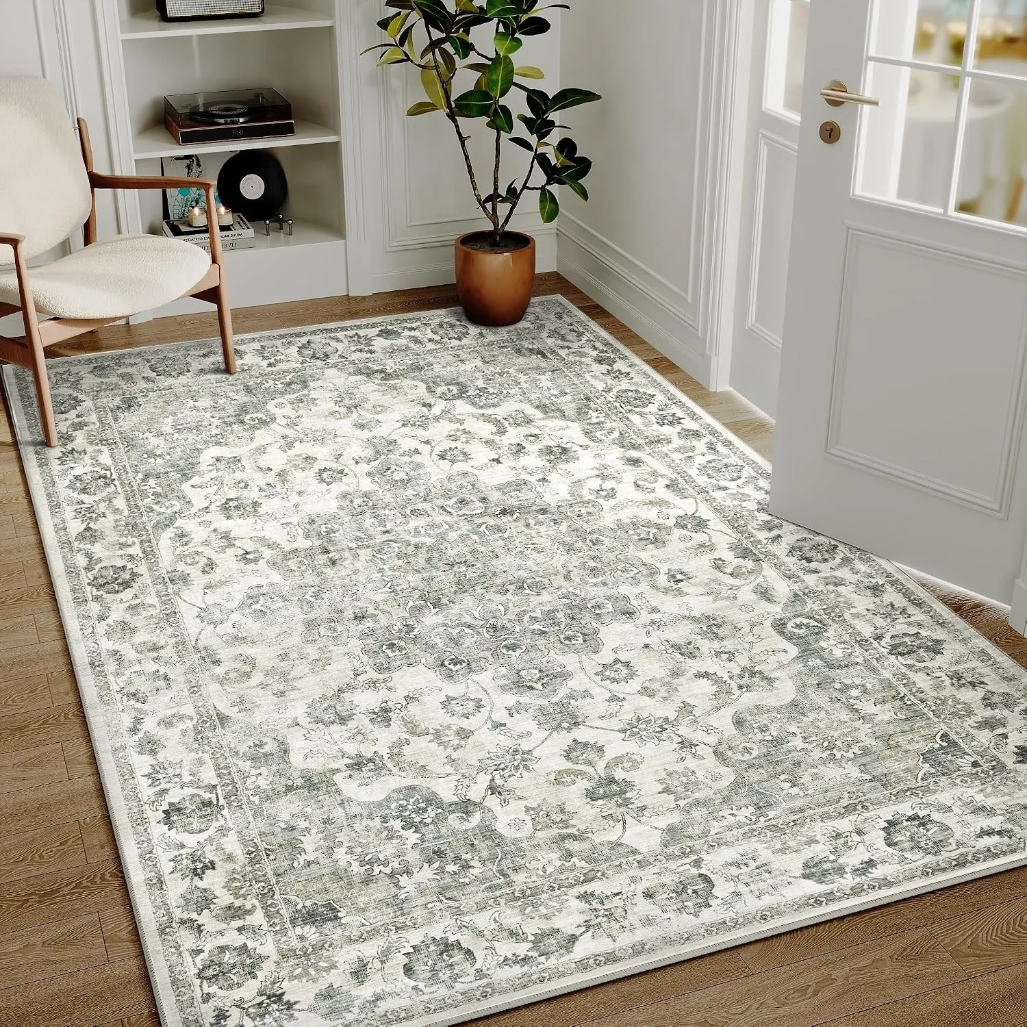 HUGEAR Vintage Teppich Wohnzimmer 140x200cm Grün Waschbar | Waschbarer Retro Teppich,Weich,Rutschfest Kurzflor,Groß,für…