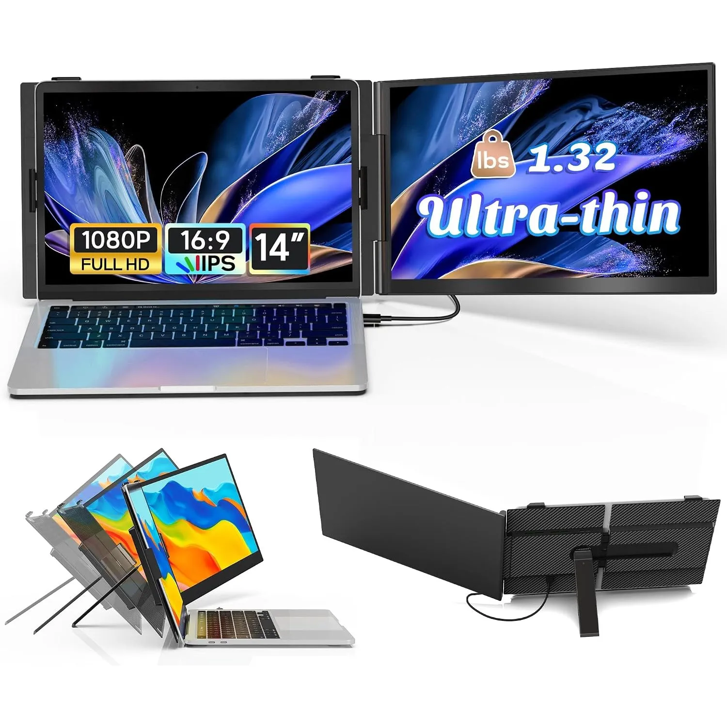 14" Laptop Monitor Erweiterung Ultra-dünn, Ultra-Leichter Tragbarer Dual Laptop Screen Extender mit Lautsprechern, 1080…
