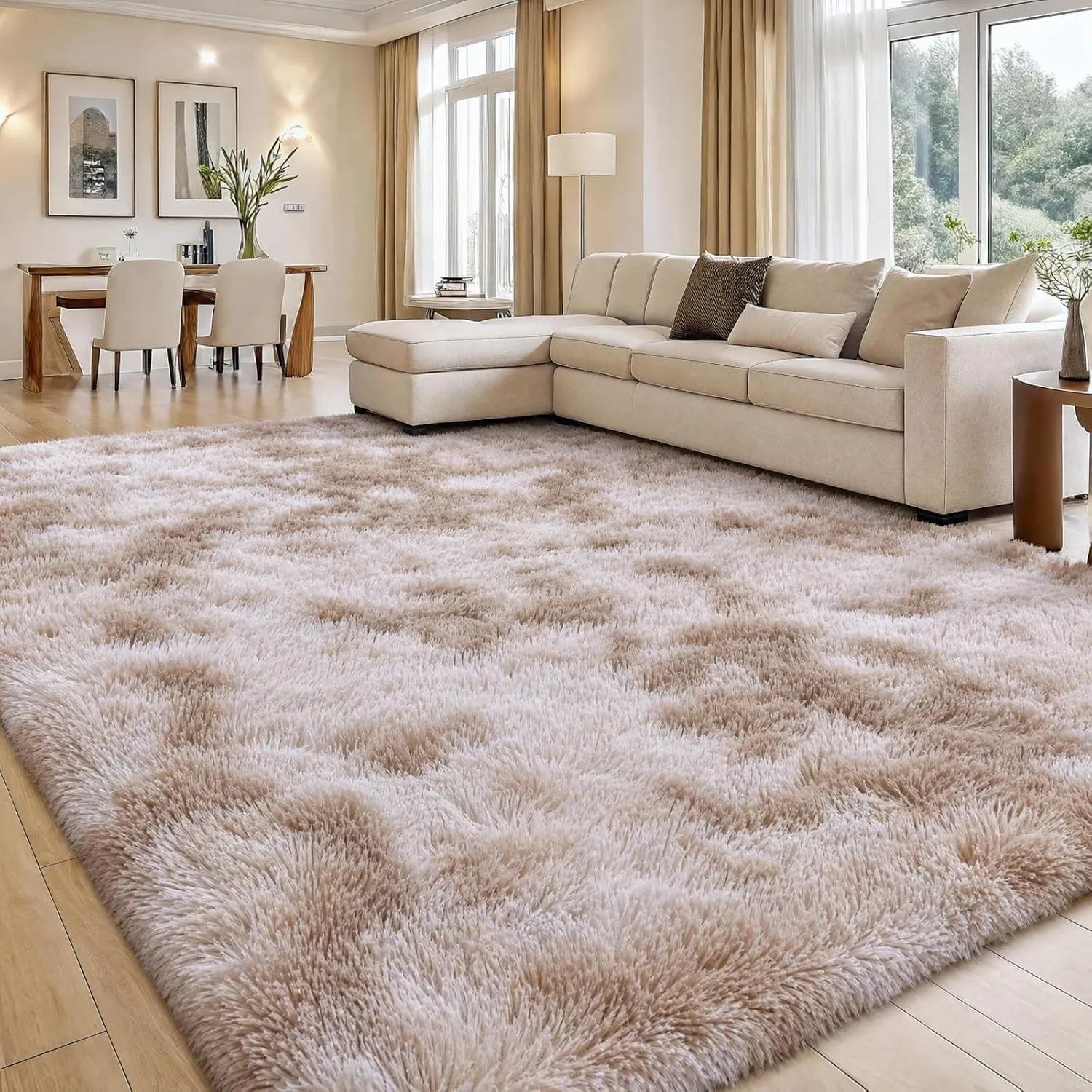 smiry Hochflor Teppich Wohnzimmer, 160x220cm, Beige
