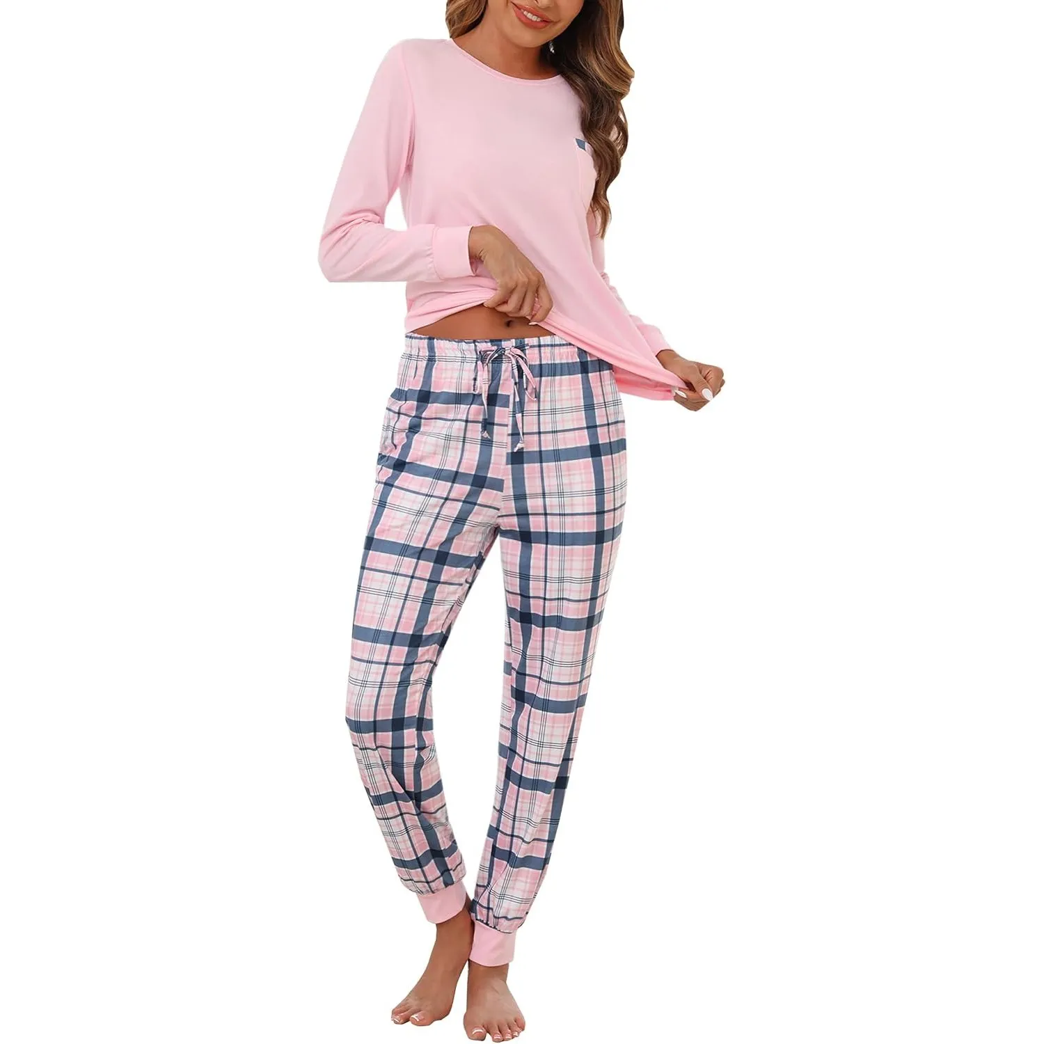Bresdk Schlafanzug Damen Lang Pyjama Baumwolle Set Nachtwäsche mit Bündchen