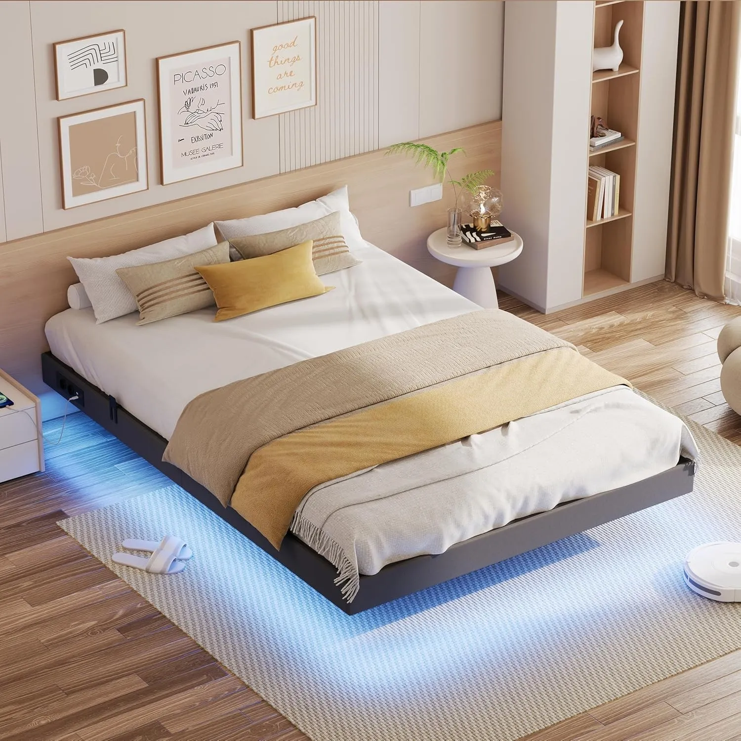 IRONCK Bettgestell 140x200 cm, Schwebender Bett mit LED Beleuchtung, Gepolsterte Seitenwände, 2 AC-Steckdosen, 1 USB-A-…