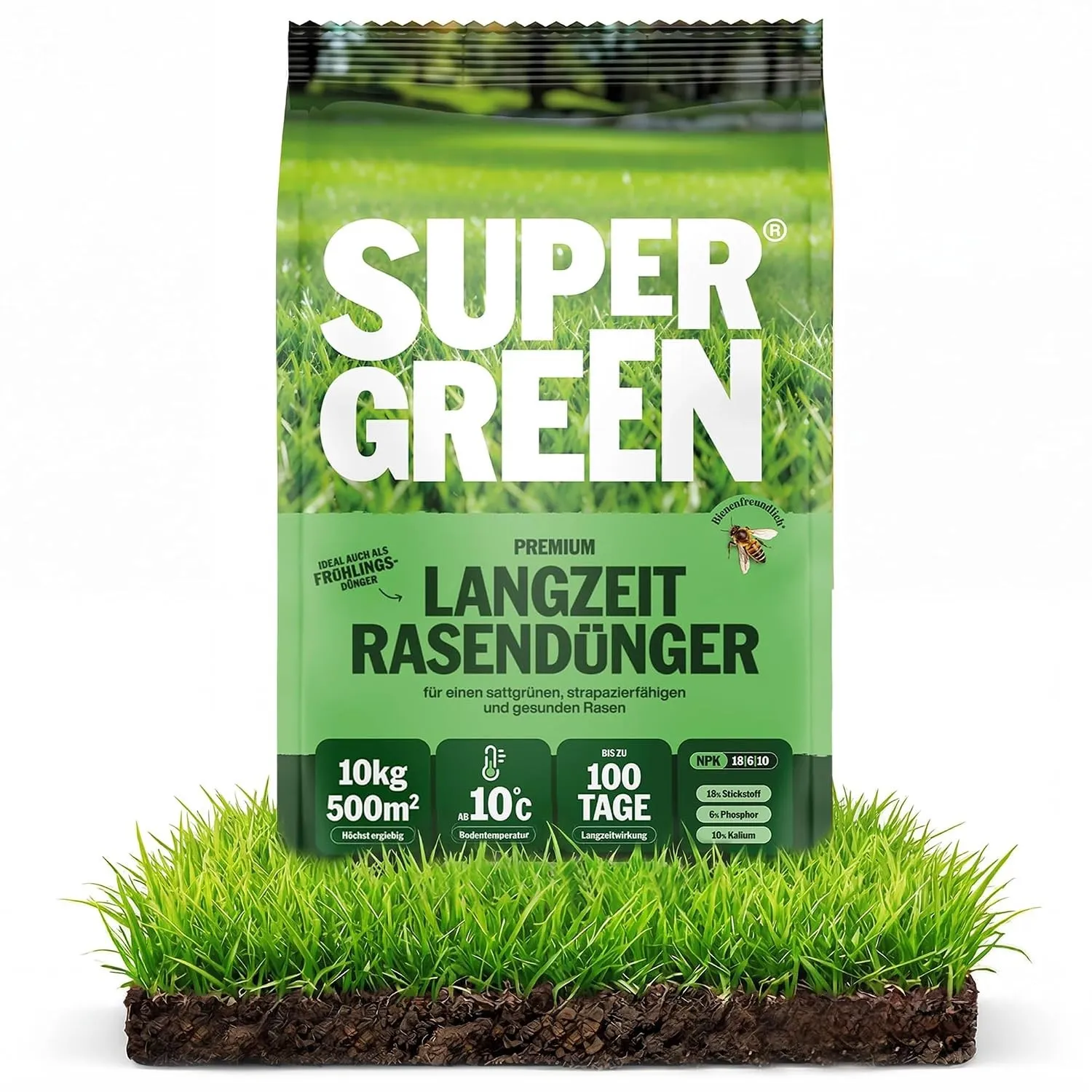 SUPERGREEN Rasendünger Langzeit bis 100 Tage | 10 kg für 500m² | NPK 18-6-10 für schnellen, sattgrünen, dichten Rasen |…