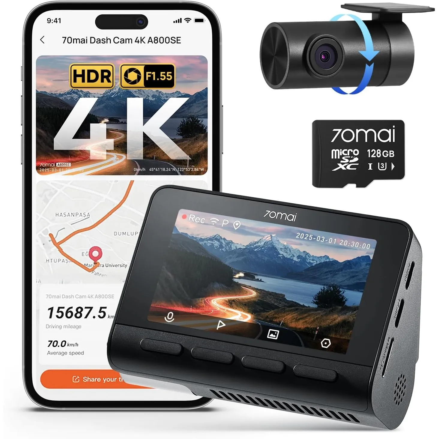 70mai A800SE Dashcam Auto Vorne Hinten 4K HDR 2160P+1080P mit 128GB SD Karte, Dual Autokamera 3" IPS, F1.55 Blende Nach…