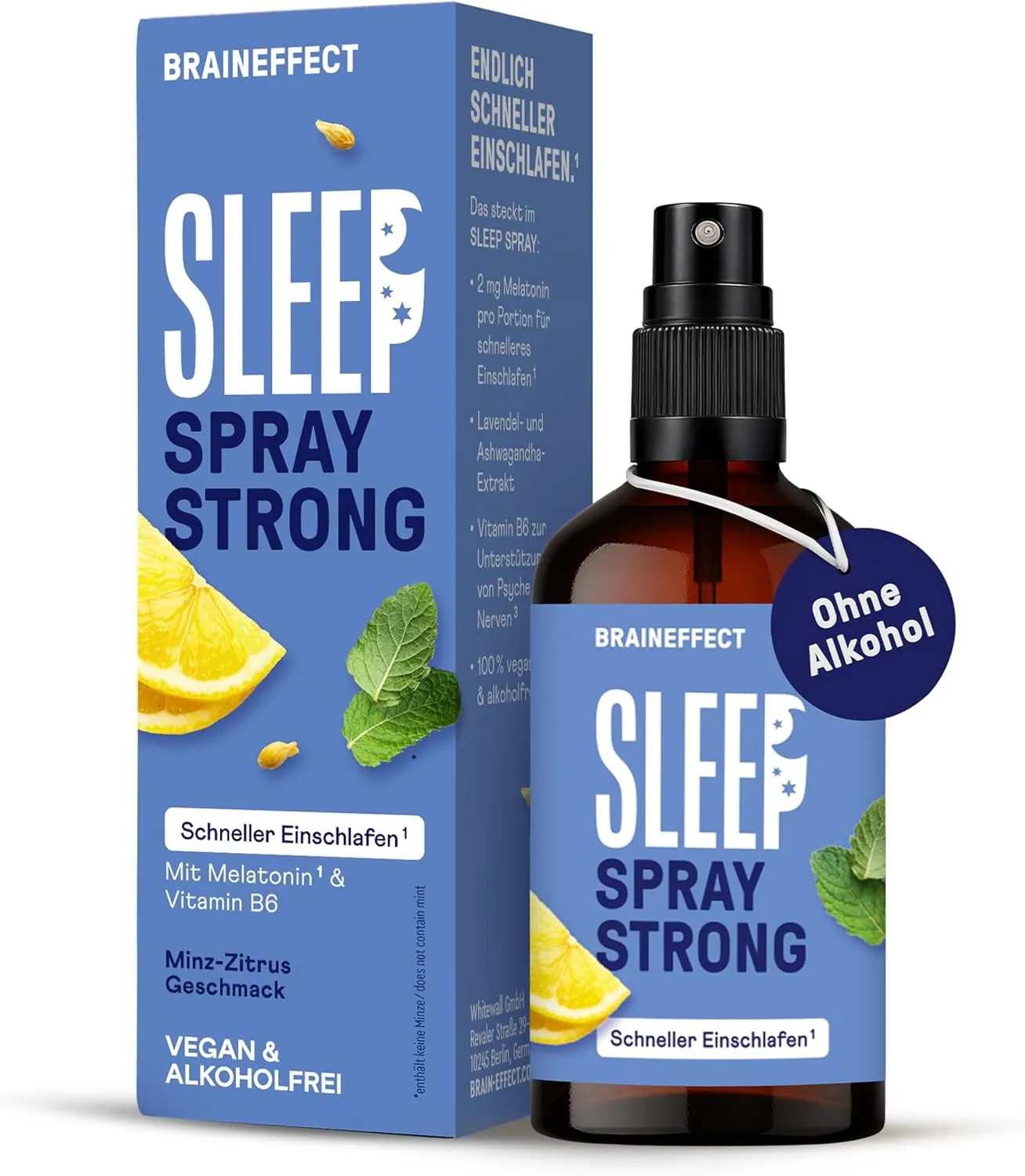 BRAINEFFECT SLEEP SPRAY STRONG Das Original® - Melatonin Spray Hochdosiert - 450 Tage Vorrat Einschlafspray - mit Minze…