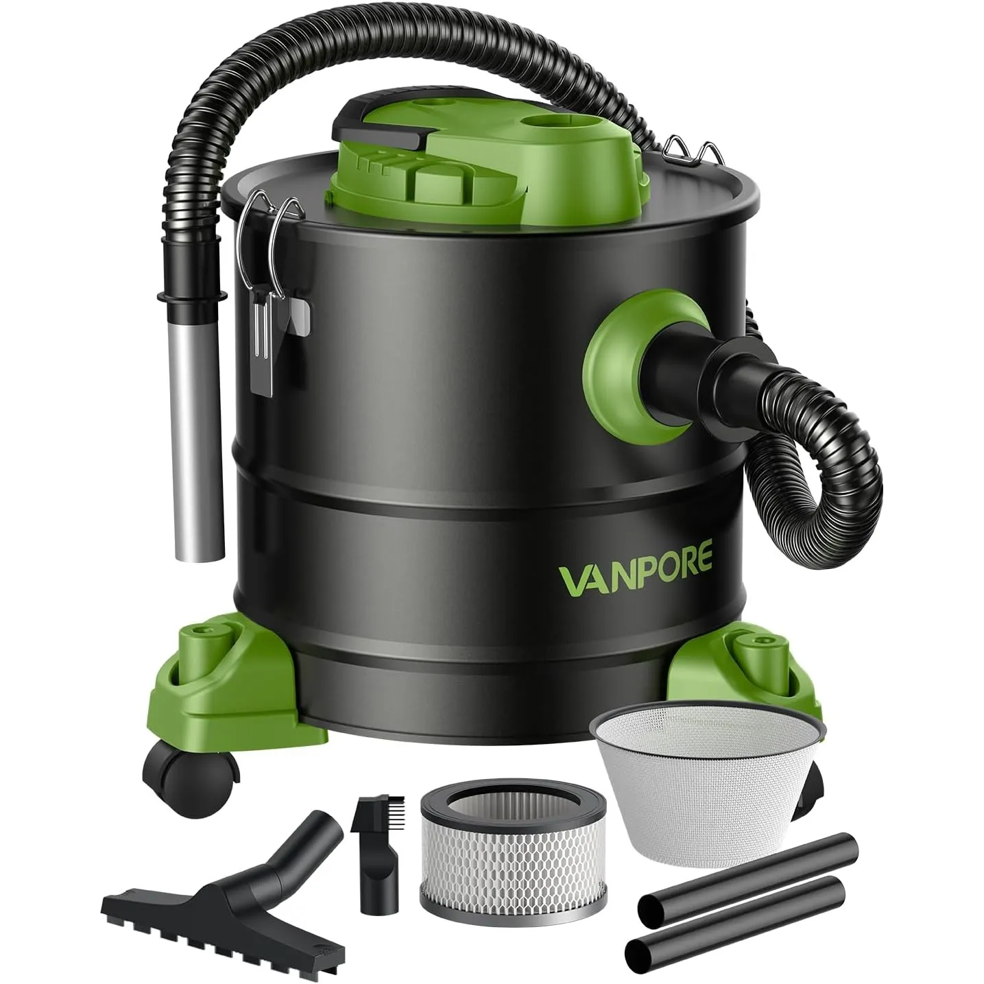 Aschesauger für Kamin Pelletofen, 1200W 20L Kaminsauger mit Rollen, Grün