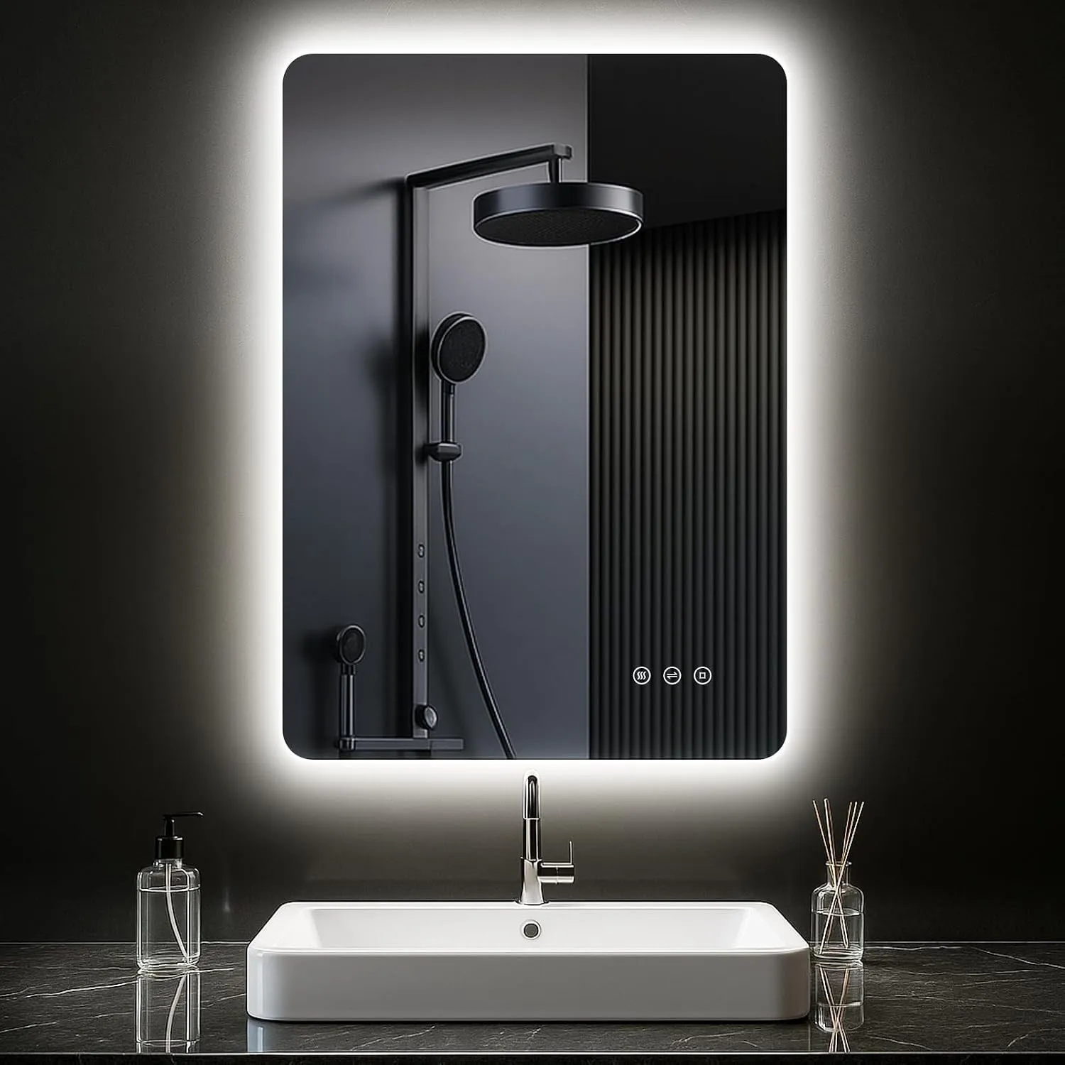 Badezimmerspiegel mit Beleuchtung 50 x 70cm, LED Spiegel Bad mit Antibeschlag, 3 Lichtfarben, Dimmbar, Rechteckig Badsp…