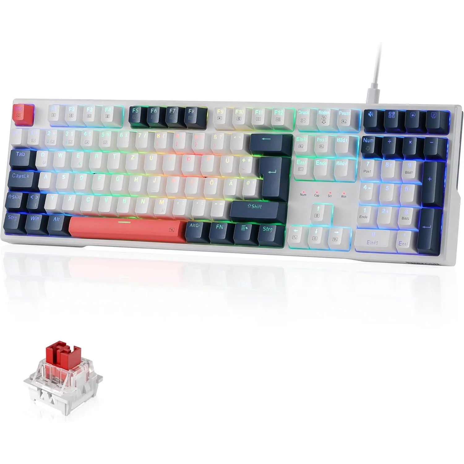 Redragon K668 Gaming Tastatur QWERTZ Kabelgebunden 105+4 Tasten | Hot Swap Sockel Leise Rote Schalter Mischfarben Taste…