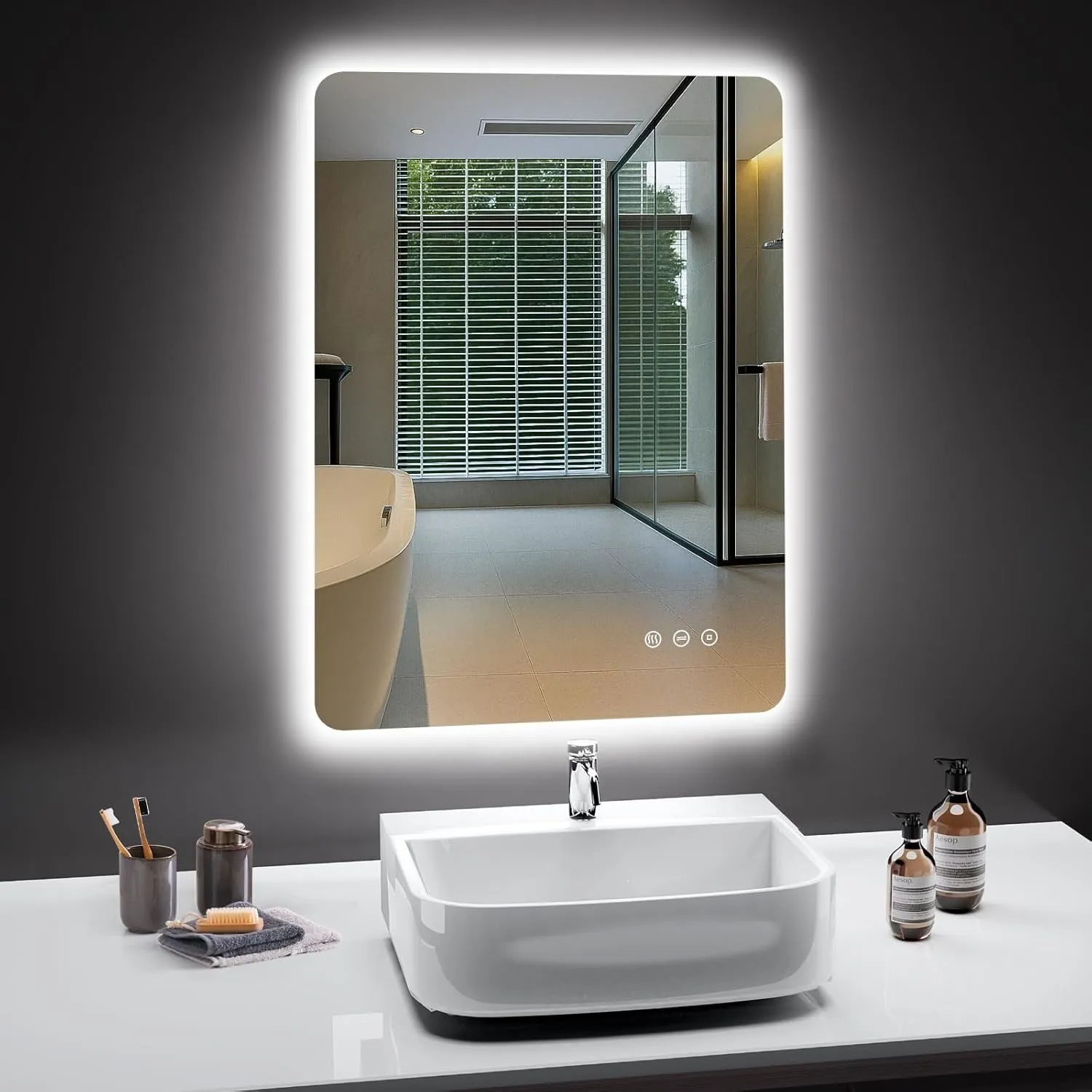 Badspiegel mit Beleuchtung, Led Spiegel Bad mit Licht, Antibeschlag, 3 Lichtfarben, Dimmbar, Speicherfunktion, Touch-Sc…