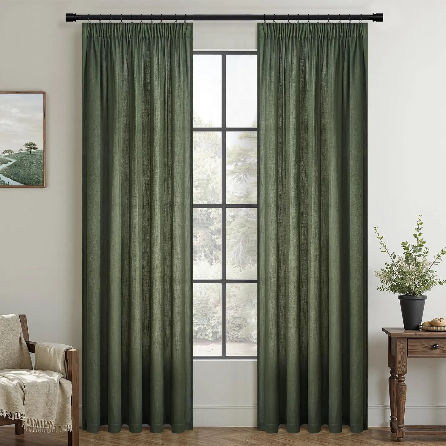 Topfinel Vorhänge Olivgrün Leinen 245x140cm mit Kräuselband Deko Vintage Gardinen Wohnzimmer Schlafzimmer Vorhang Halbt…