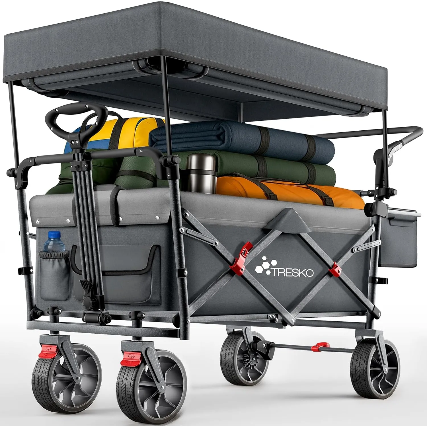 TRESKO® Bollerwagen Faltbar mit Dach, Kühlfach & Seitenrollos bis 150kg | Handwagen mit Vollgummireifen, Feststellbrems…