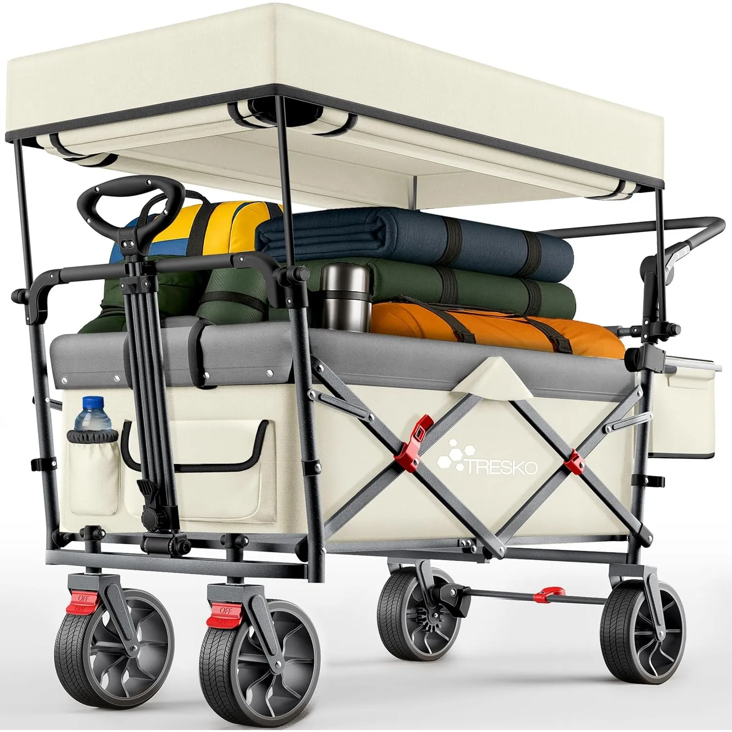 TRESKO® Bollerwagen Faltbar mit Dach, Kühlfach & Seitenrollos bis 150kg | Handwagen mit Vollgummireifen, Feststellbrems…