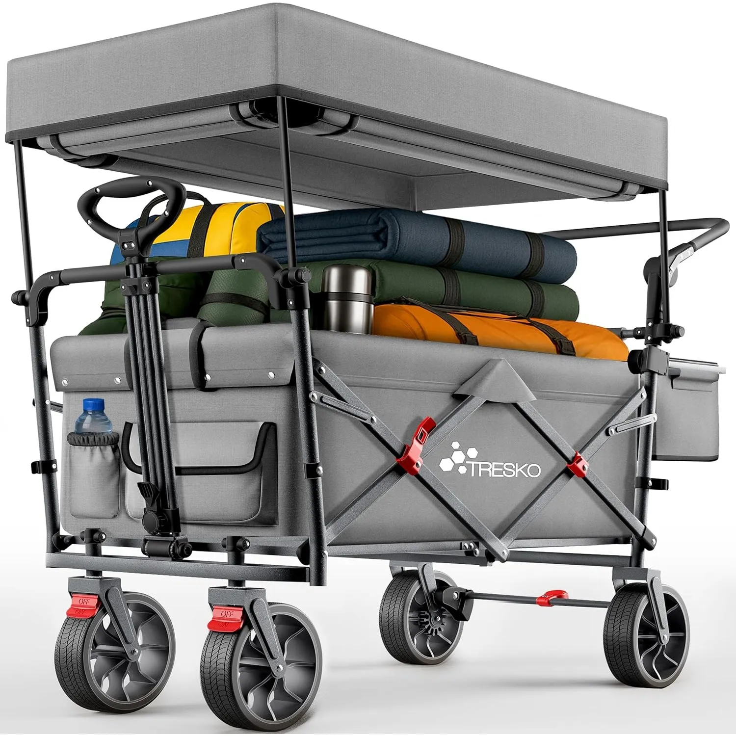 TRESKO® Bollerwagen Faltbar mit Dach, Kühlfach & Seitenrollos bis 150kg | Handwagen mit Vollgummireifen, Feststellbrems…