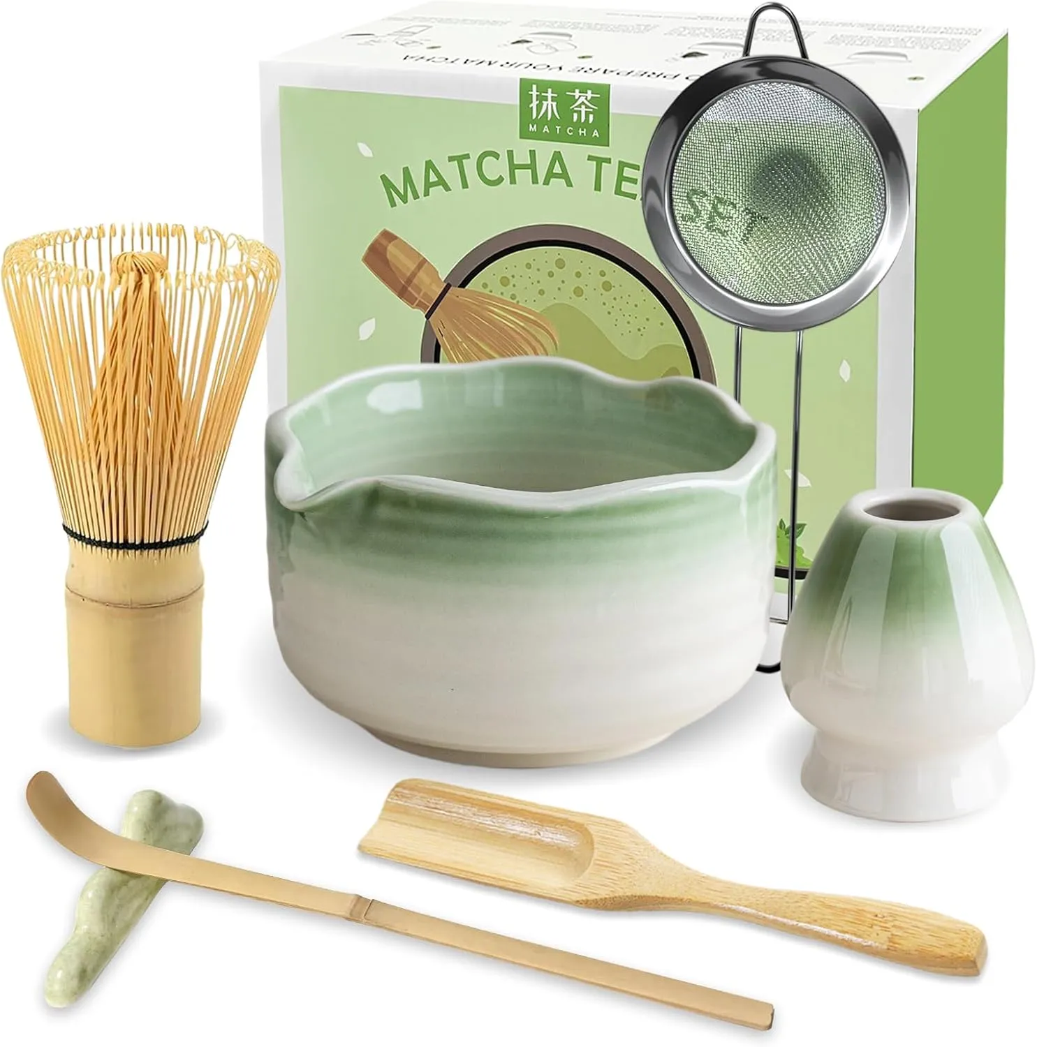 JBER Matcha Besen Set, Matcha Set 7-Teiliges - Matcha Besen und Besenhalter, Matcha Schale mit Auslauf, Sieb, Löffel un…