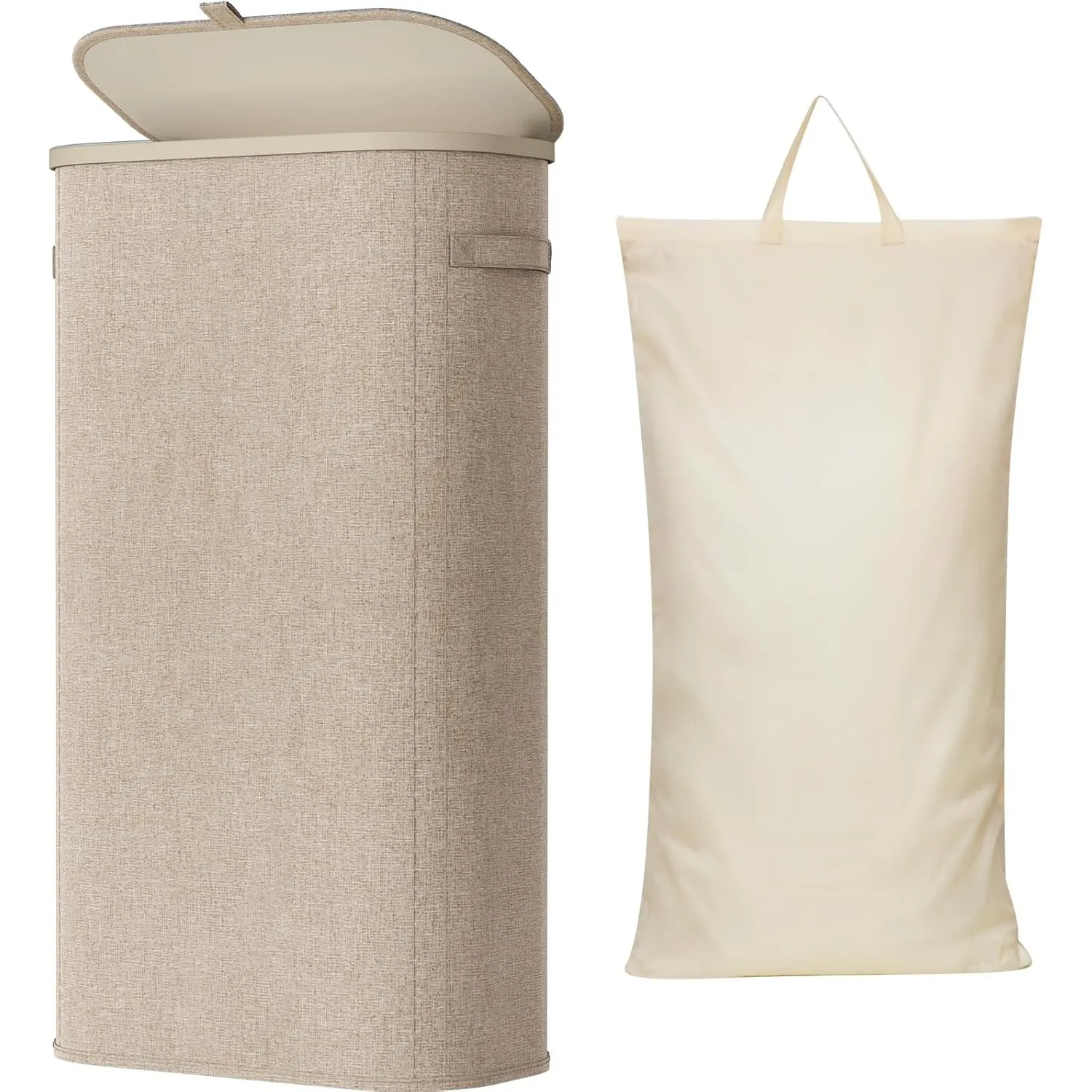 Lifewit 75L schmaler Wäschekorb mit Deckel, faltbarer Wäschesammler, Beige