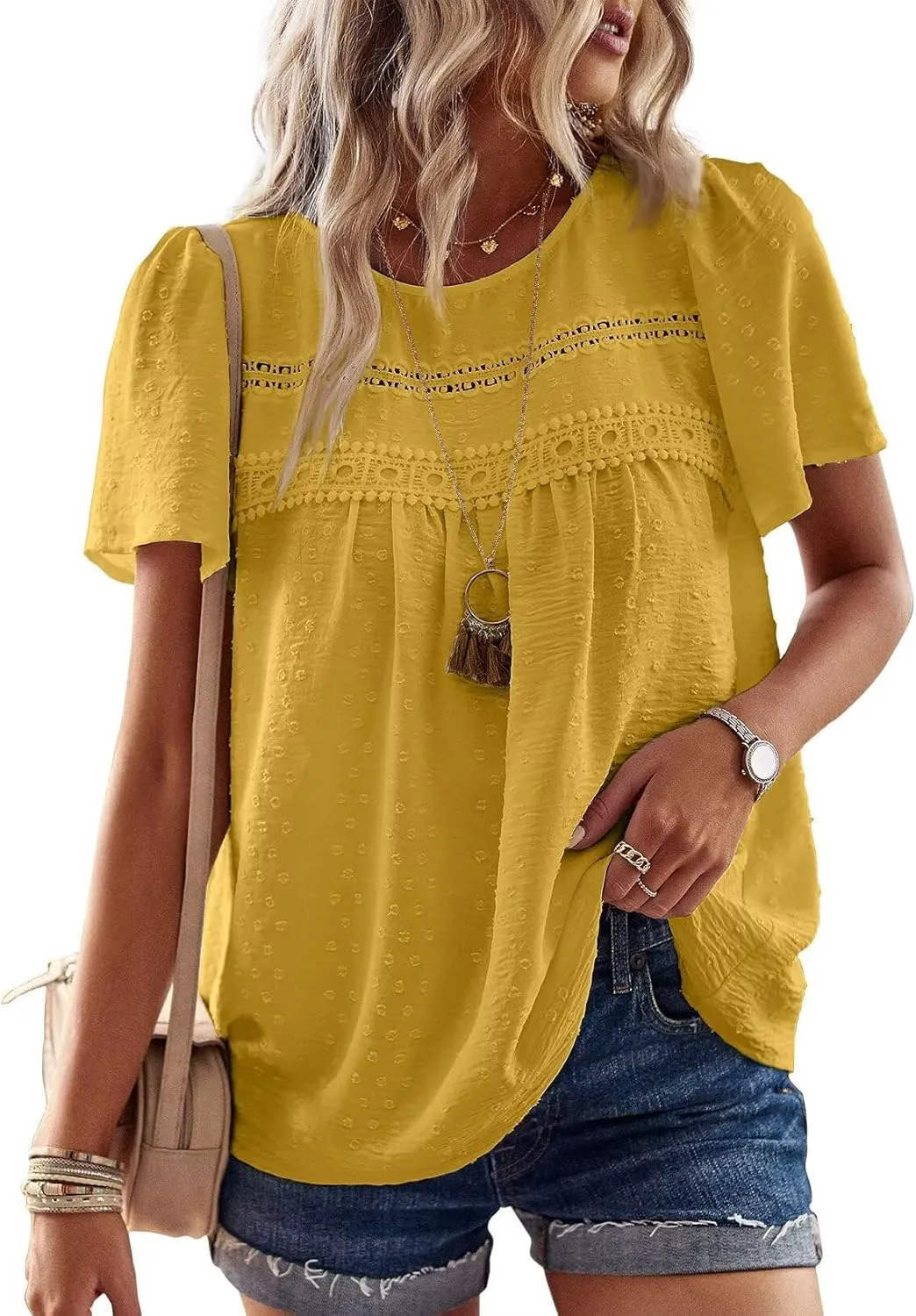 Top Women's Summer Boho Blouse Short Sleeve Tops Flowing Elegant Crew Neck T-Shirt Tunic Casual Outfits Lace Clothing