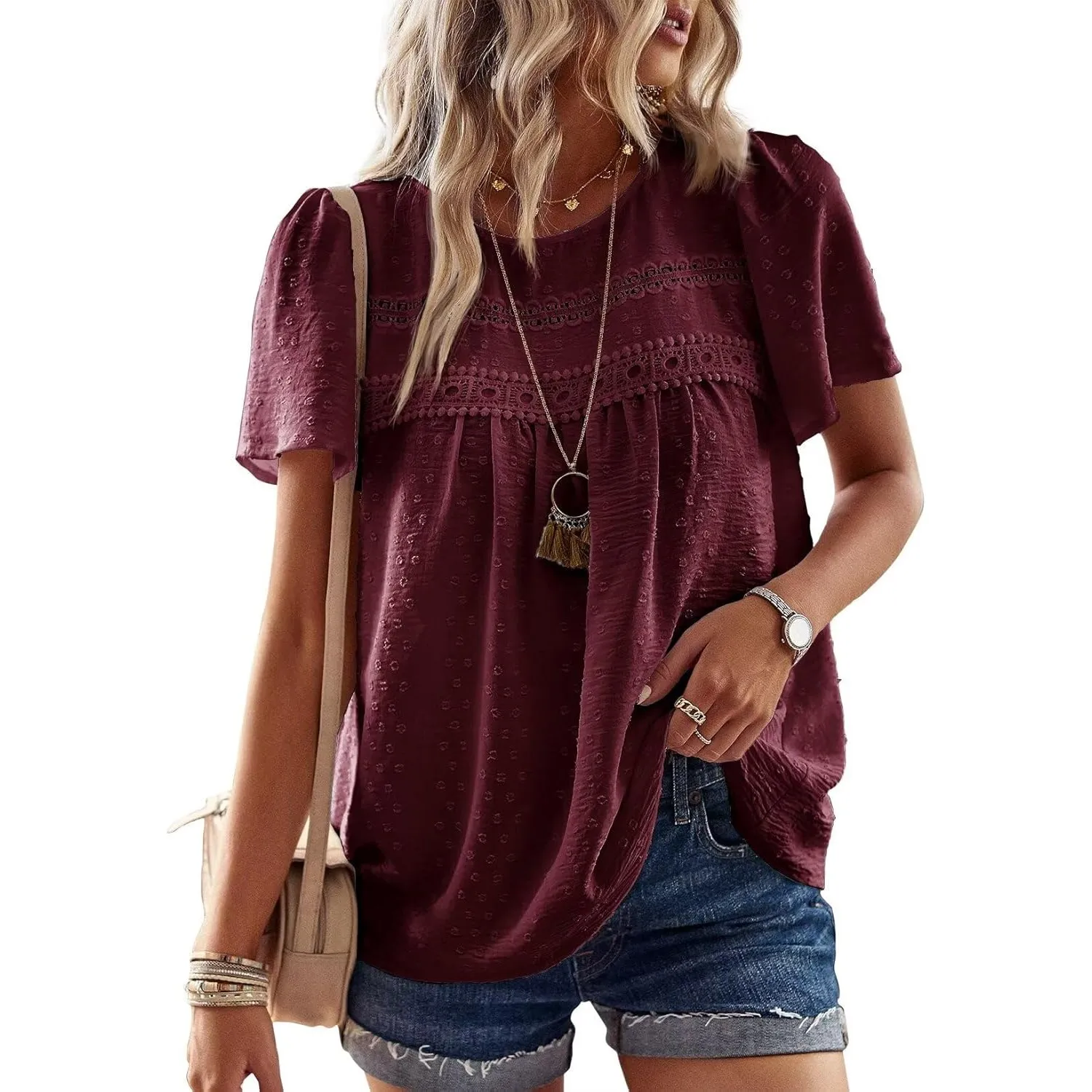 Top Damen Sommer Boho Bluse Kurzarm Oberteile Fließend Elegant Rundhals T Shirt Tunika Lässig Outfits Spitze Kleidung