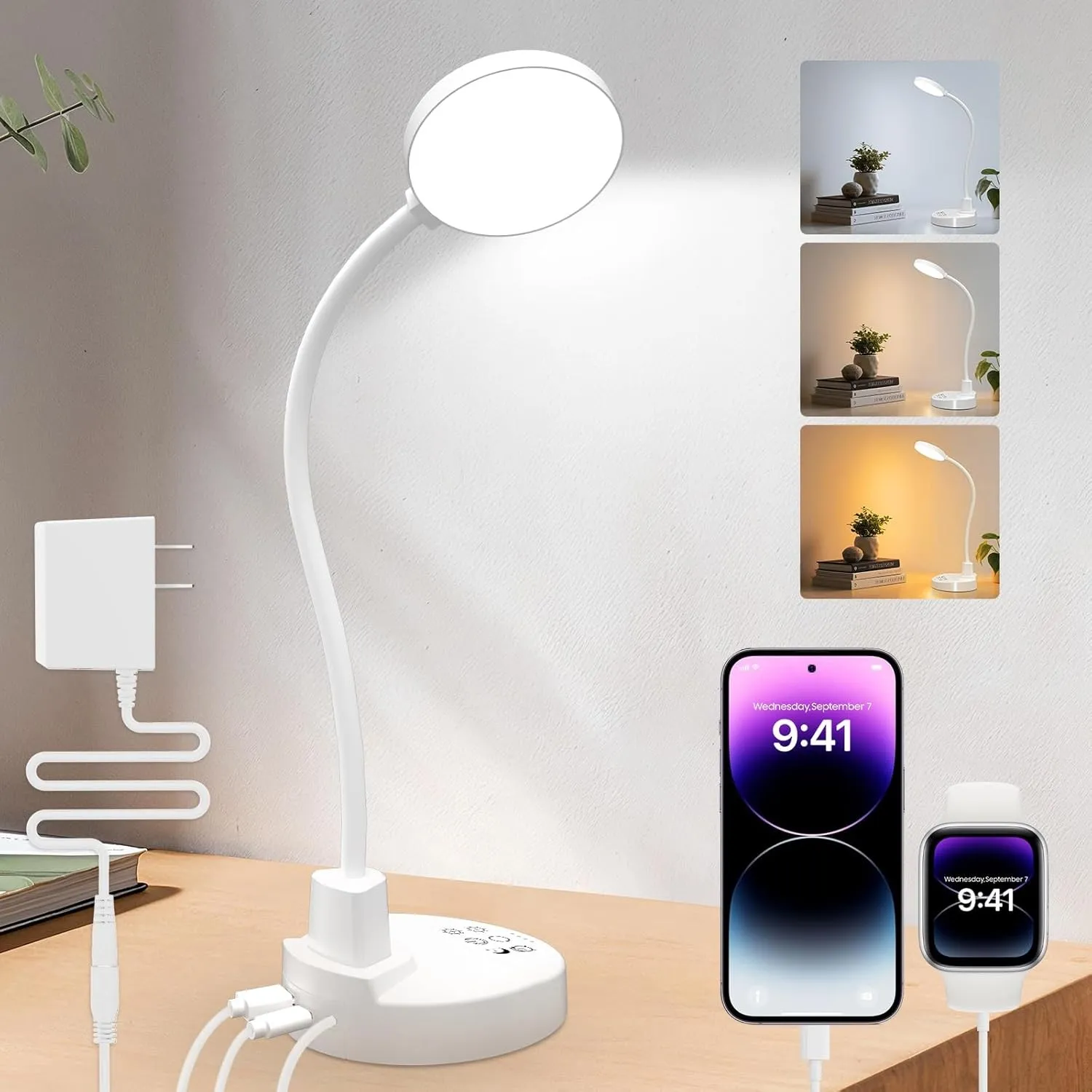 15W LED Schreibtischlampe mit USB-A & USB-C – Dimmbar, 3 Farbtemperaturen, 5 Helligkeitsstufen, 4 Timer, Flexibler 360°…