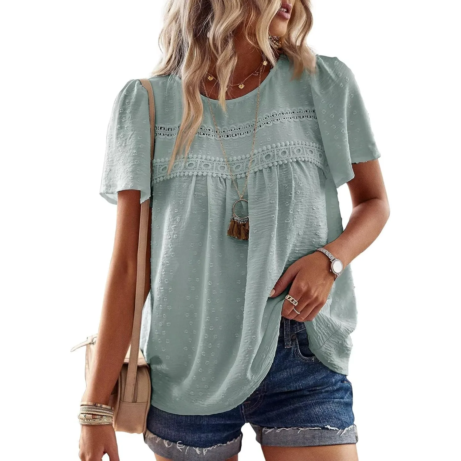 Top Damen Sommer Boho Bluse Kurzarm Oberteile Fließend Elegant Rundhals T Shirt Tunika Lässig Outfits Spitze Kleidung