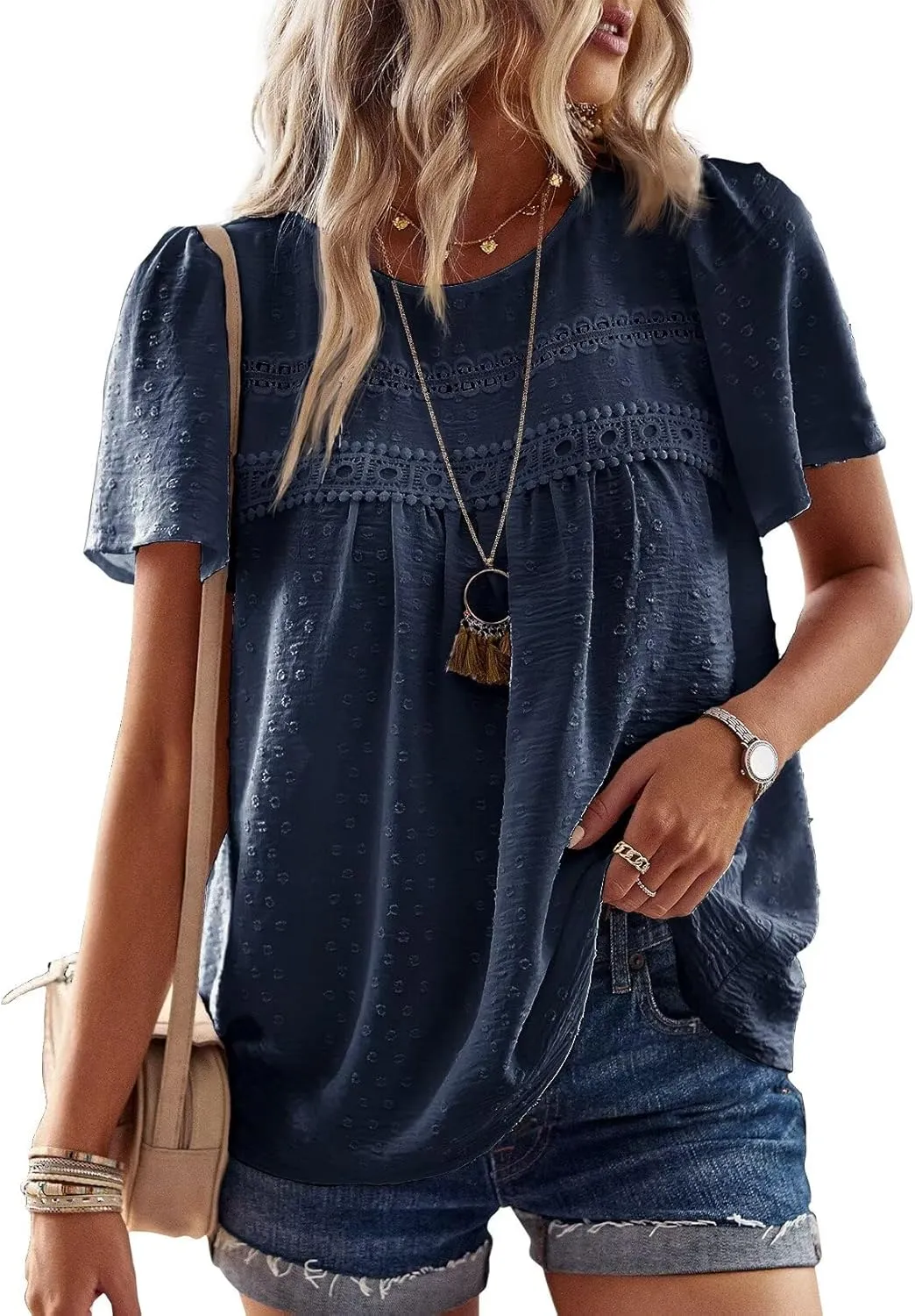 Top Women's Summer Boho Blouse Short Sleeve Tops Flowing Elegant Crew Neck T-Shirt Tunic Casual Outfits Lace Clothing