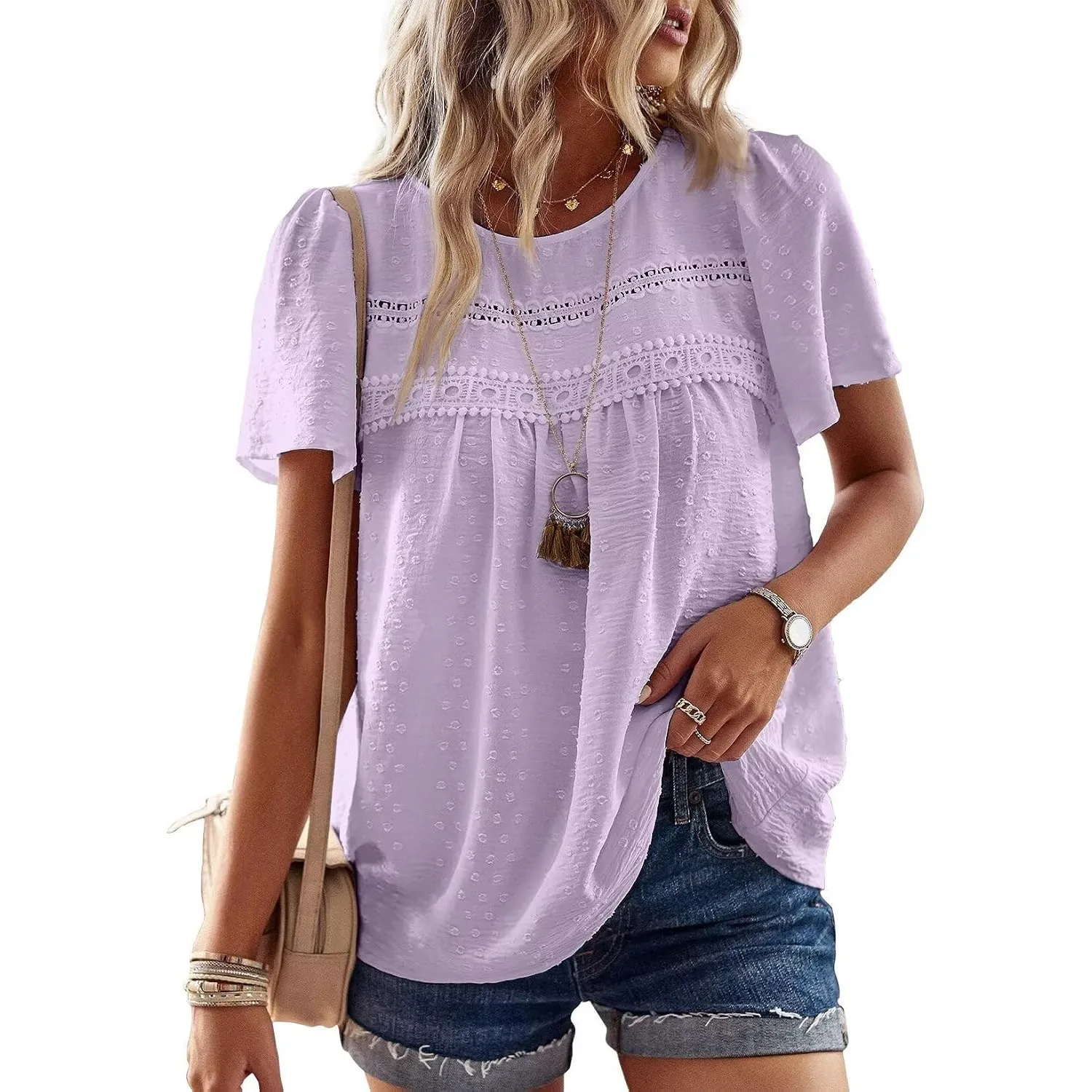 Top Damen Sommer Boho Bluse Kurzarm Oberteile Elegant Rundhals | Swiss Dot T Shirt, Süß Casual Tunika, Lässig Fließend …