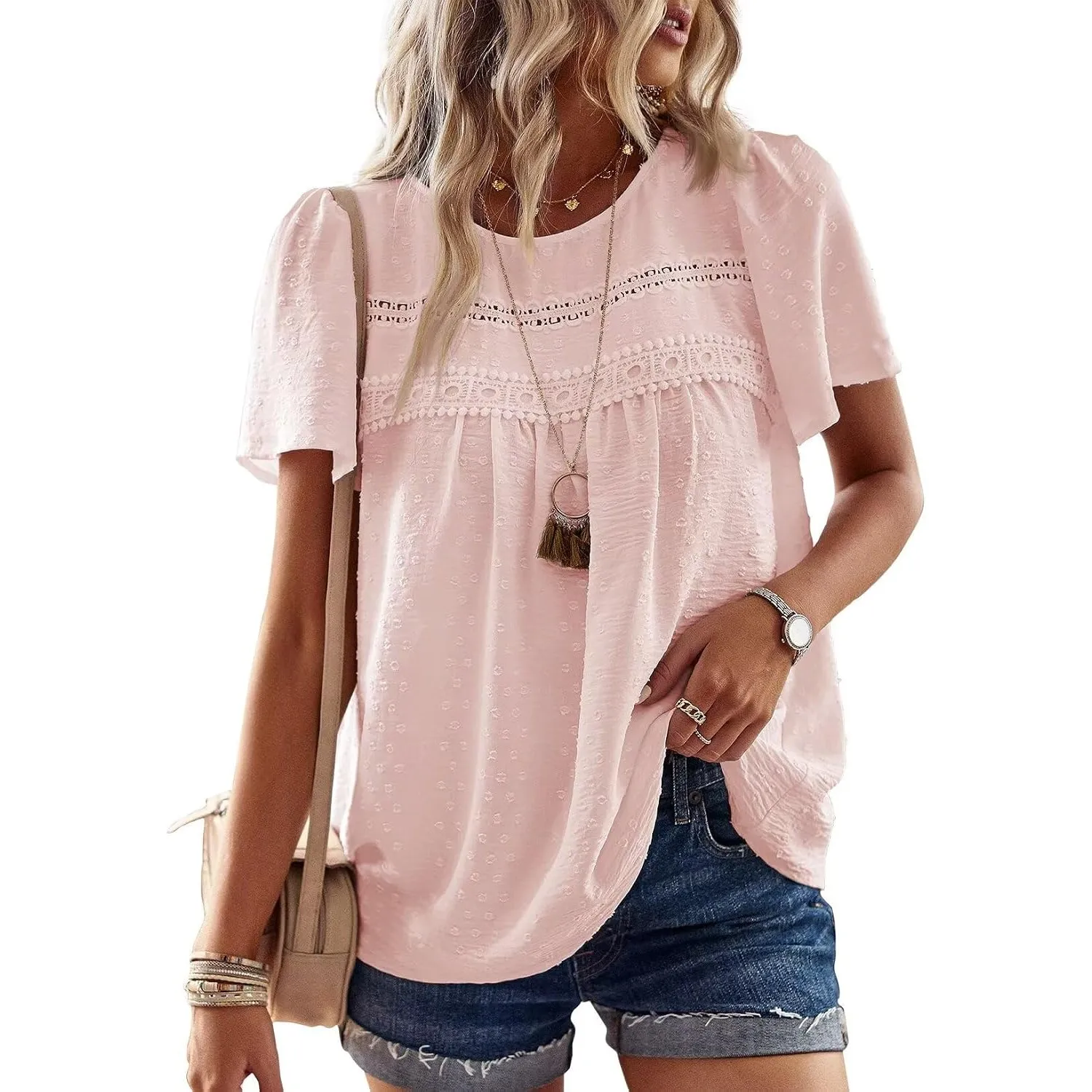Top Damen Sommer Boho Bluse Kurzarm Oberteile Fließend Elegant Rundhals T Shirt Tunika Lässig Outfits Spitze Kleidung