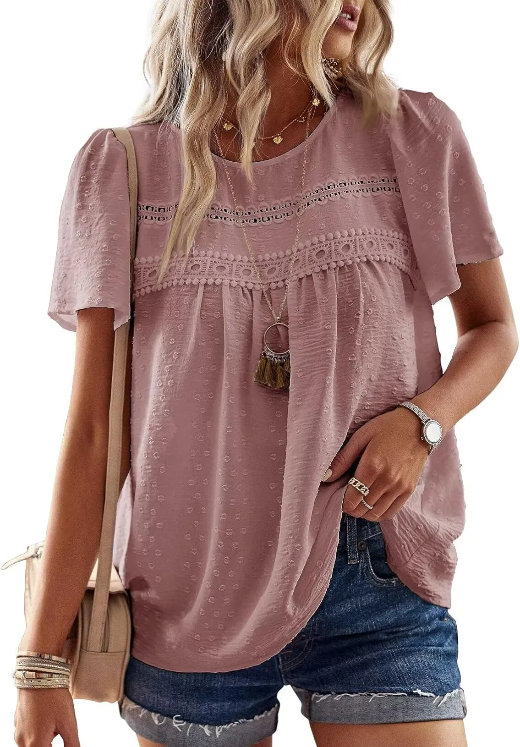 Top Women's Summer Boho Blouse Short Sleeve Tops Flowing Elegant Crew Neck T-Shirt Tunic Casual Outfits Lace Clothing