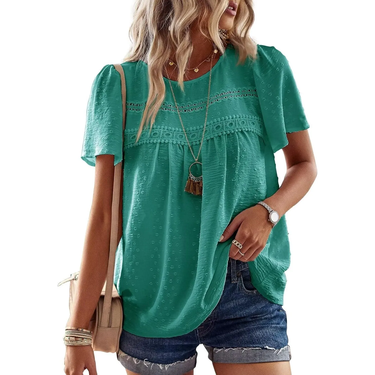 Top Damen Sommer Boho Bluse Kurzarm Oberteile Elegant Rundhals | Swiss Dot T Shirt, Süß Casual Tunika, Lässig Fließend …