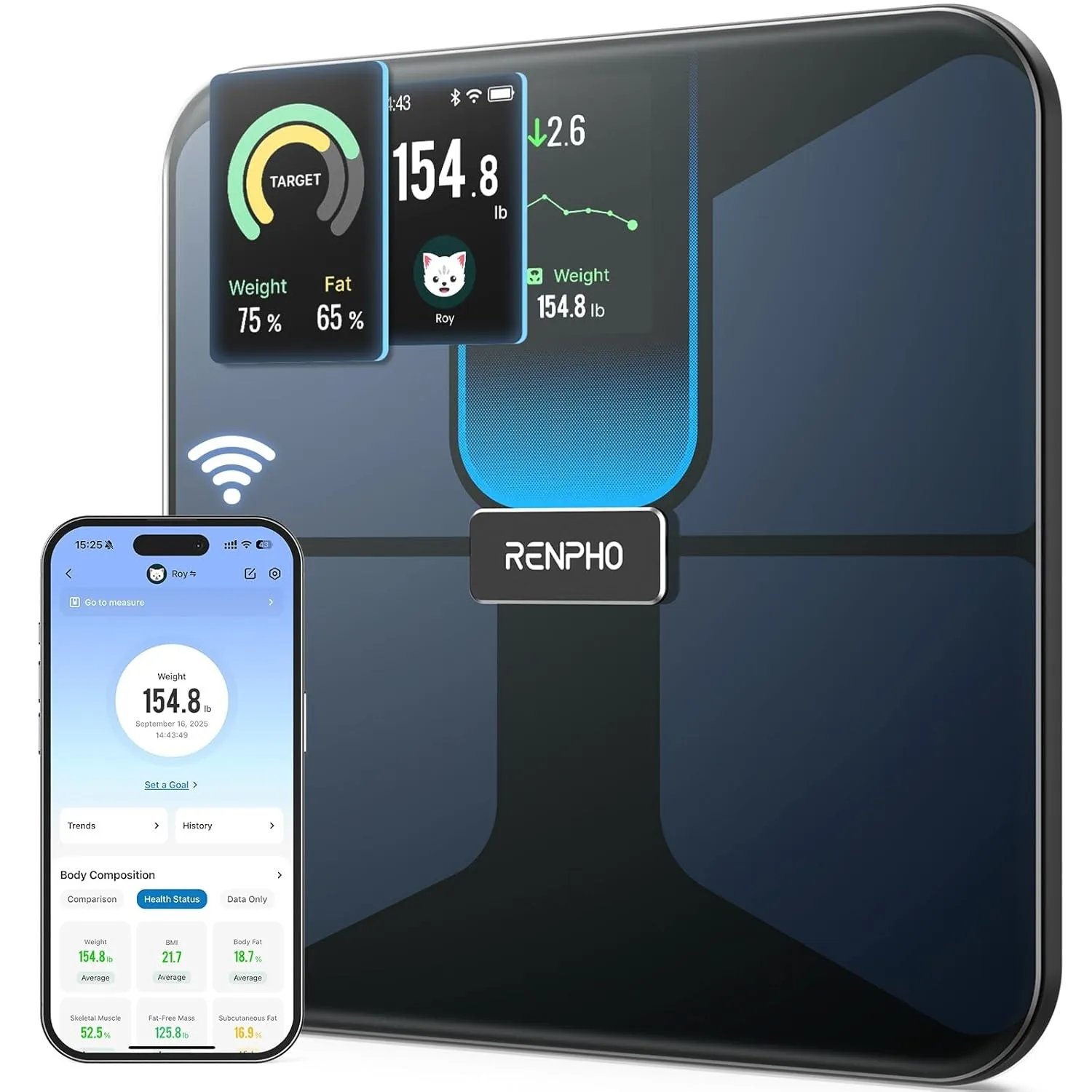 RENPHO Waage mit BMI, körperfettwaage mit 18 Messwerten, Muskelmasse, Smarte Waage für Körpergewicht, WLAN- & Bluetooth…