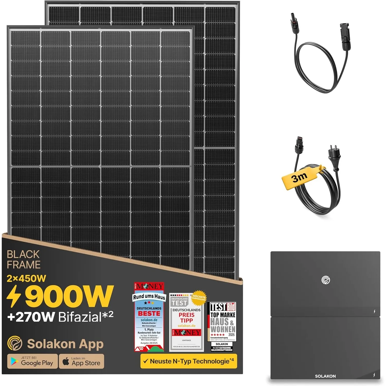 Solakon® 900W Balkonkraftwerk mit Speicher - Balkonkraftwerk 800W komplett Steckdose - 800W Hybrid-Wechselrichter - Sol…