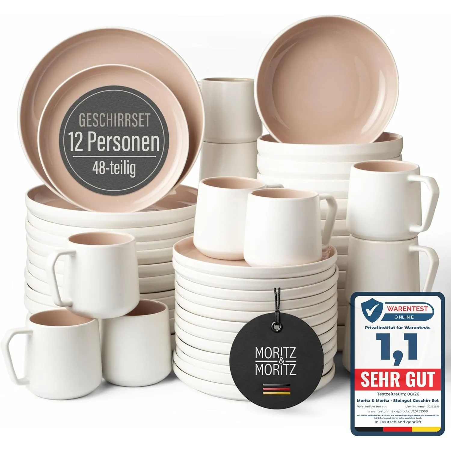 Moritz & Moritz Steingut Geschirrset 12 Personen mit Tassen 48-tlg. - Modernes Tafelservice in der Farbe Almond - Kombi…