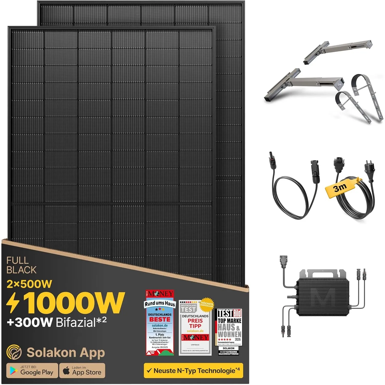 Solakon® 1000W Balkonkraftwerk mit Halterung (Balkon) - Balkonkraftwerk 800W komplett Steckdose - neuester 800 Watt Wec…