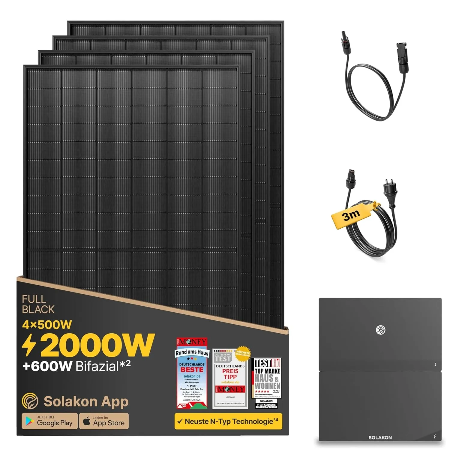 Solakon® 2000W Balkonkraftwerk mit Speicher - Balkonkraftwerk 2000W komplett Steckdose - 800W Hybrid-Wechselrichter - S…