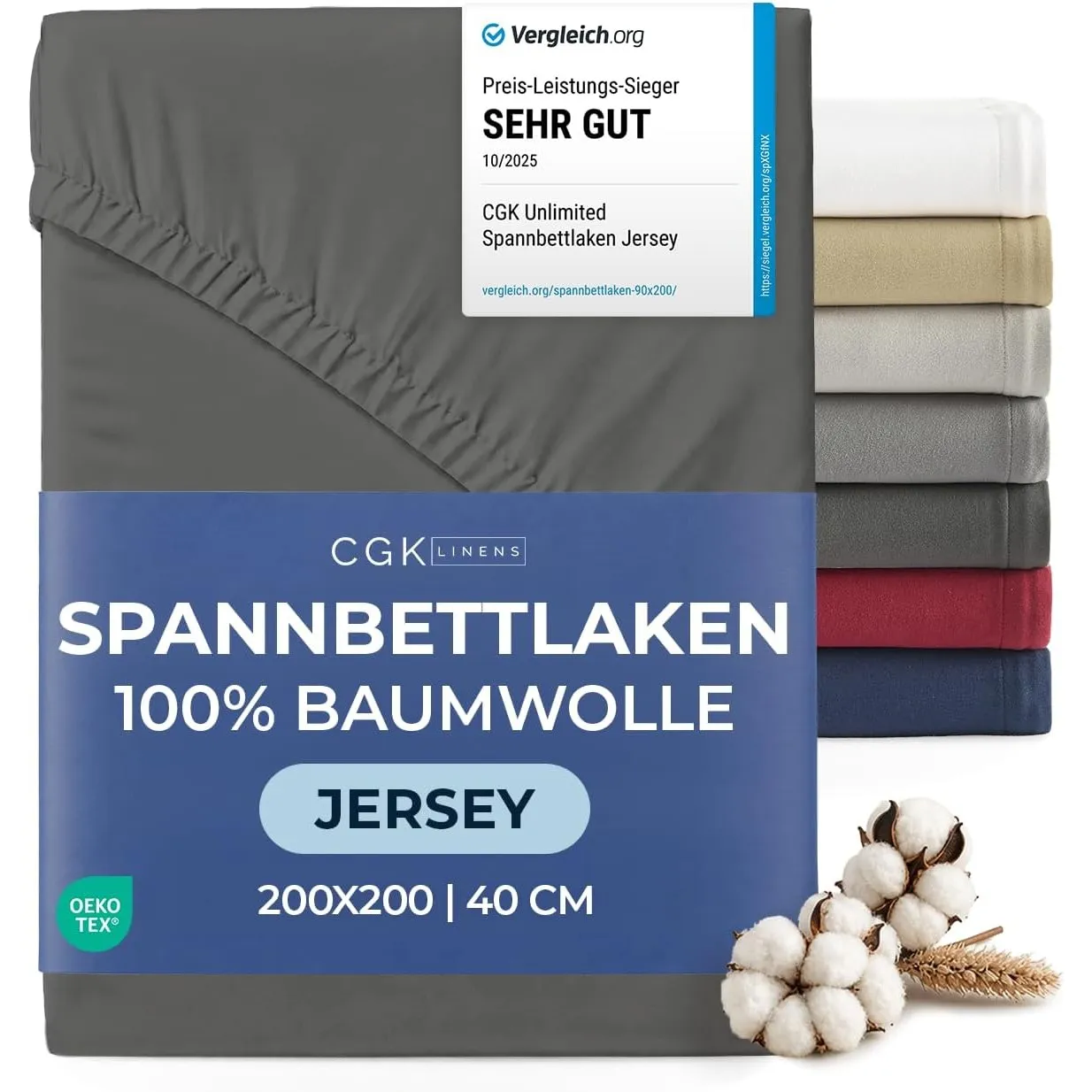Spannbettlaken Jersey 200x200 - Baumwolle Boxspringbett 40cm - Anthrazit | Spannbetttuch, Rundumgummi, Dehnbar, Weich, …
