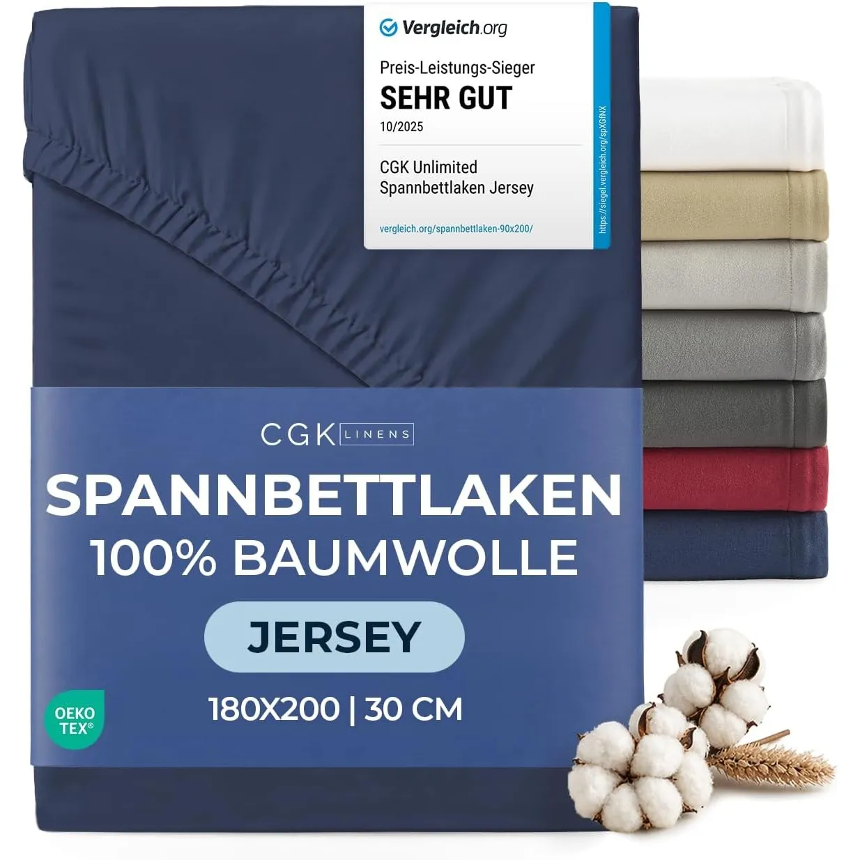 Spannbettlaken Jersey 180x200 - Baumwolle Boxspringbett 30cm - Marineblau | Spannbetttuch, Rundumgummi, Dehnbar, Weich,…