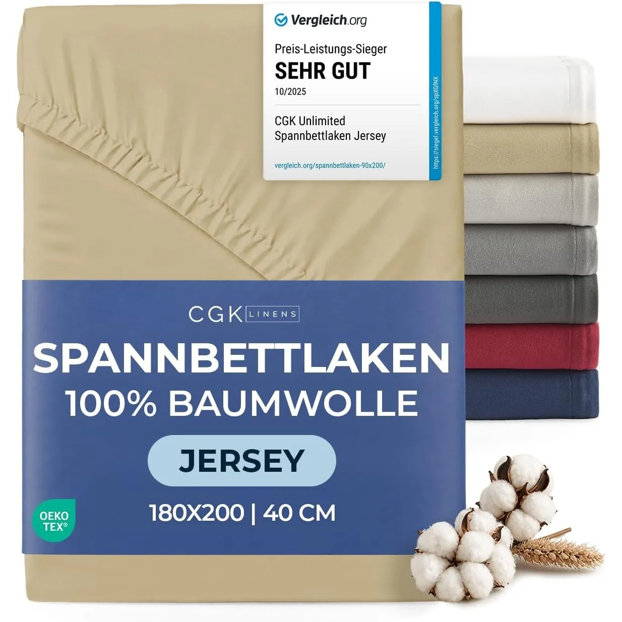 Spannbettlaken Jersey 180x200 - Baumwolle Boxspringbett 40cm tief - Beige