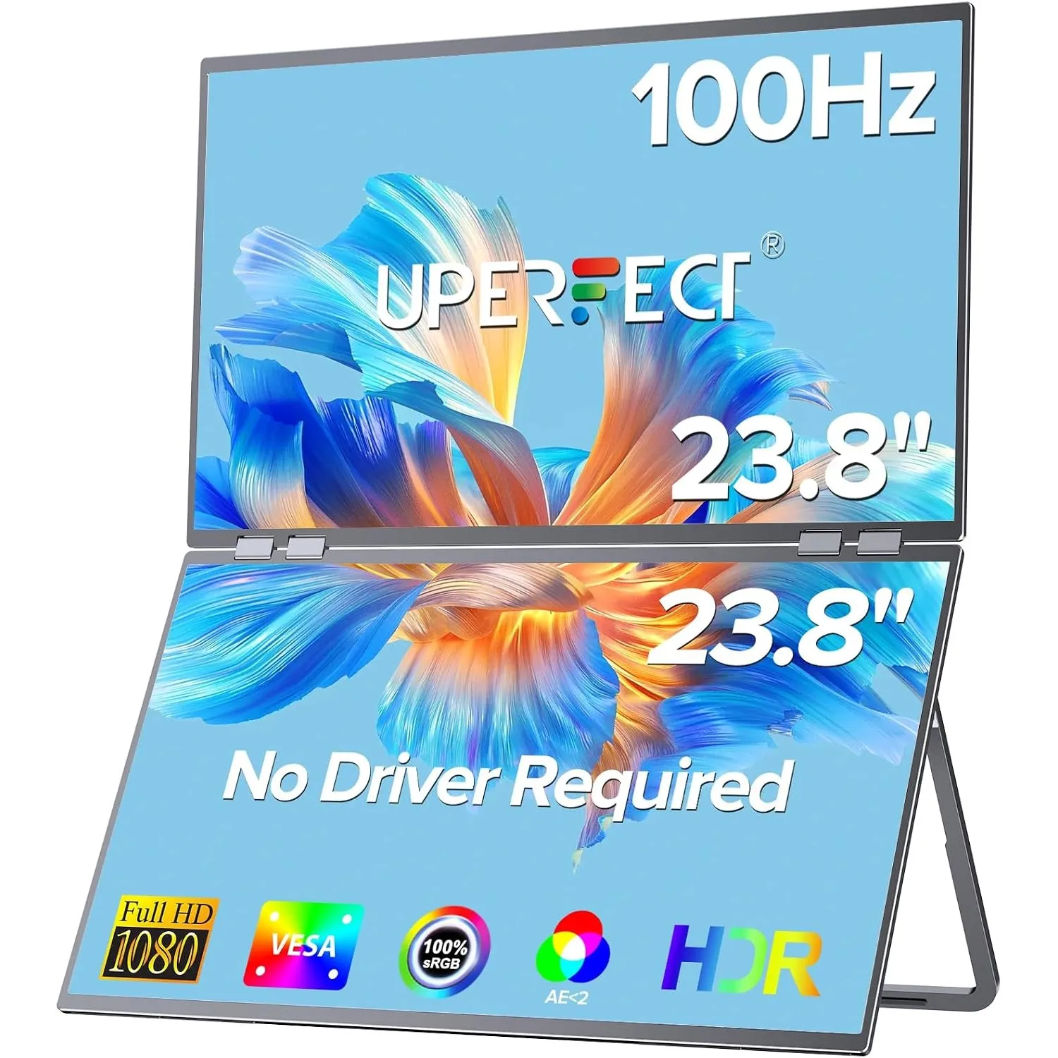 UPERFECT Delta 23.8" 100Hz Dual Portable Monitor for Laptop Screen Extender, 1080P HDR 360° Folding Stacked Triple Moni…