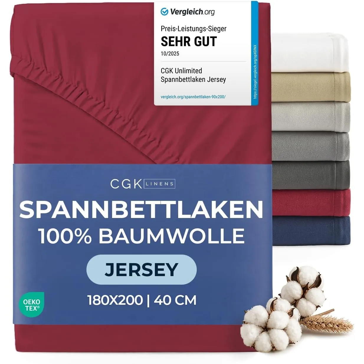 Spannbettlaken Jersey 180x200 - Baumwolle Boxspringbett 40cm - Bordeaux