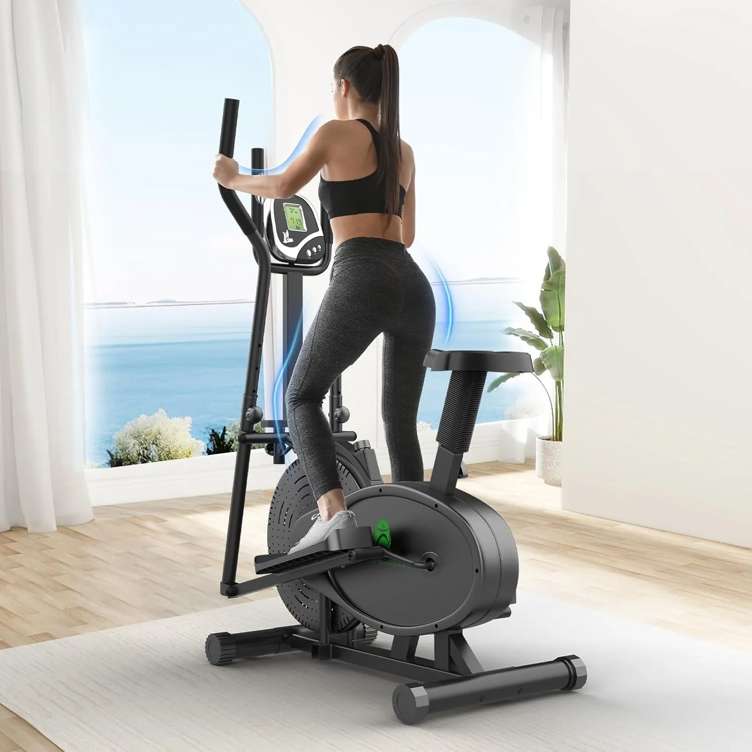 Yonisee 2 in 1 Crosstrainer für Zuhause, Ellipsentrainer mit Ergonomischem Sitzpolster, Einstellbarem Widerstand, LCD-M…