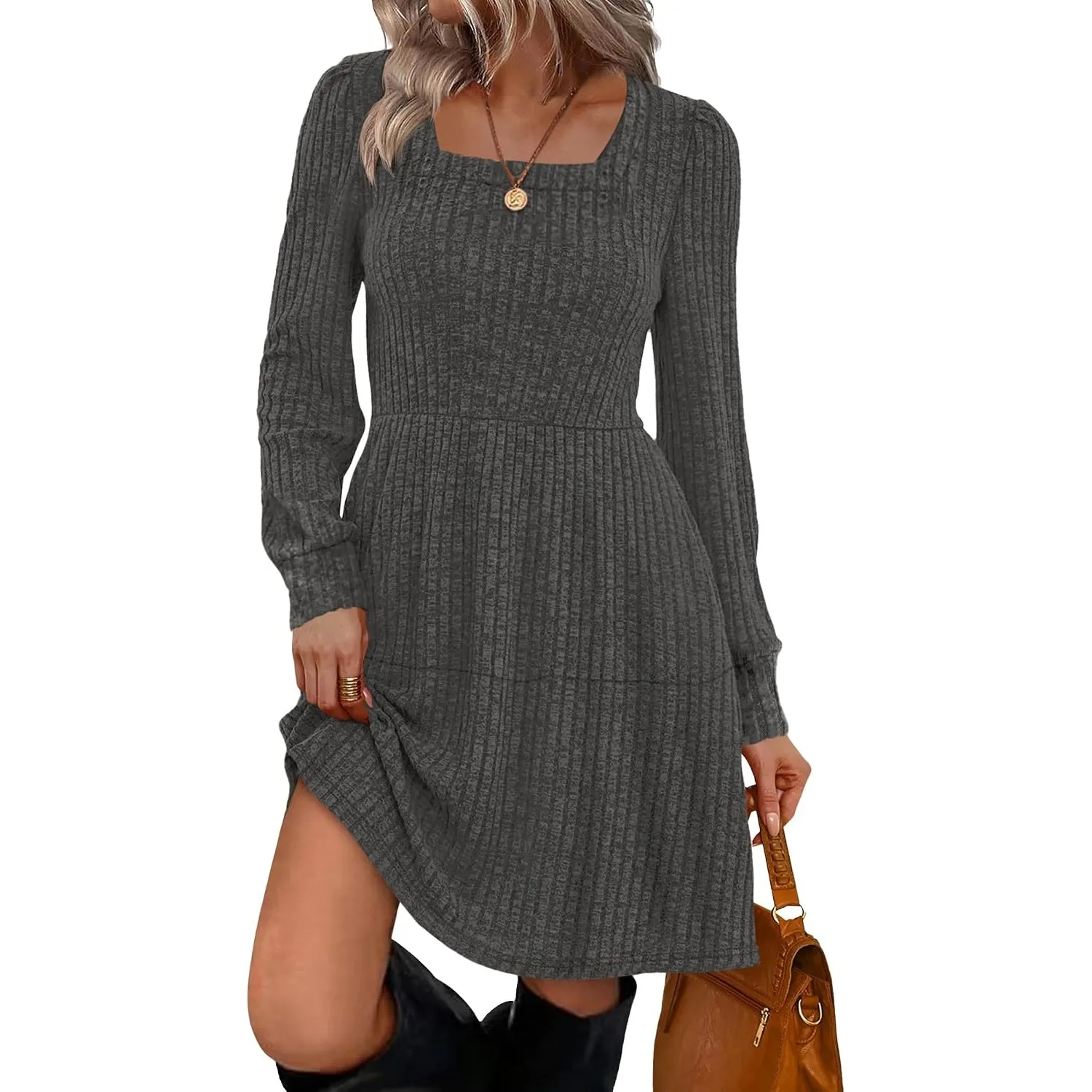 Cicy Bell Freizeitkleider für Damen Leichte Strickkleid Pulloverkleid Langarm A-Linie Casual Babydoll Herbst Kleider
