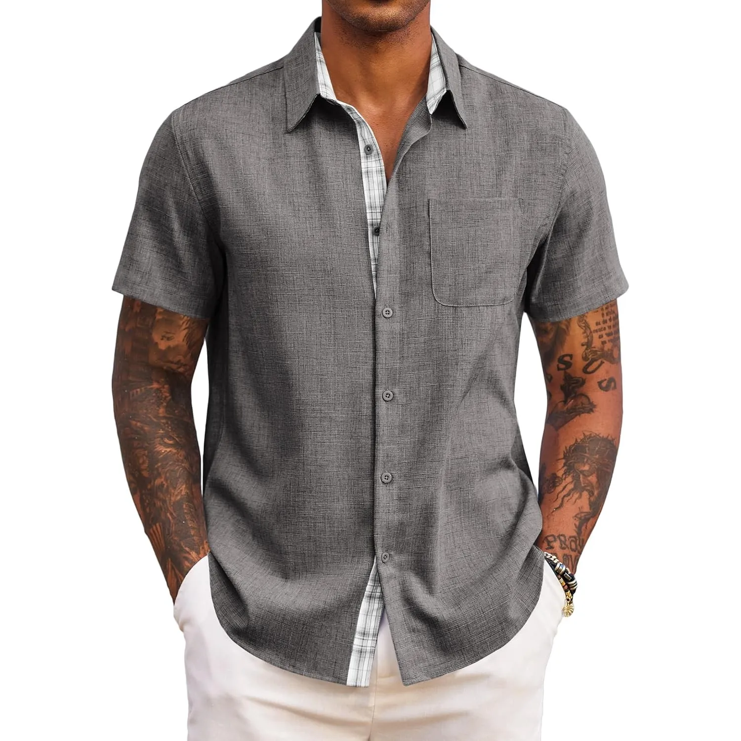 COOFANDY Herren Hemd Kurzarm Sommer Freizeithemd Regular Fit Casual Strand Hemd mit Karierte Hemdleiste