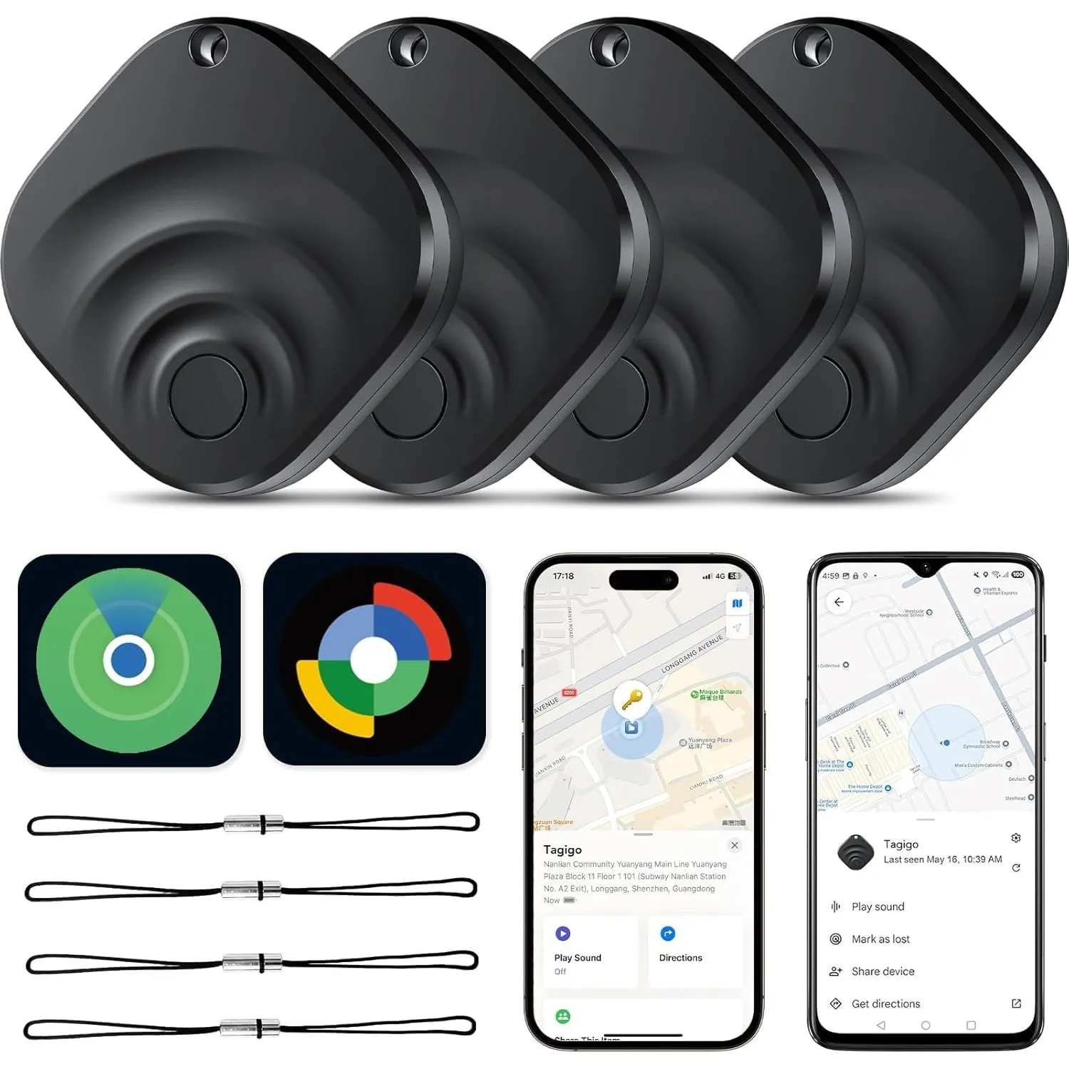 TIMU 4er Pack Dual-System GPS Tracker Android & iOS, Schlüsselfinder kompatibel mit Google Find Hub und Apple Find My, …