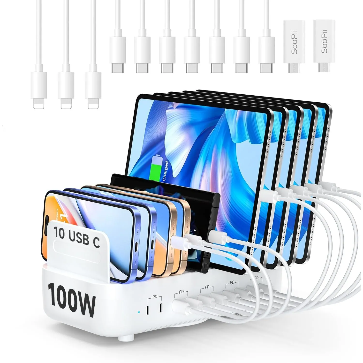SooPii 100W 10-Port USB-Ladestation mit 10 USB-C-Anschlüssen, Unterstützt PD-Schnellladen und ist kompatibel mit Phone,…