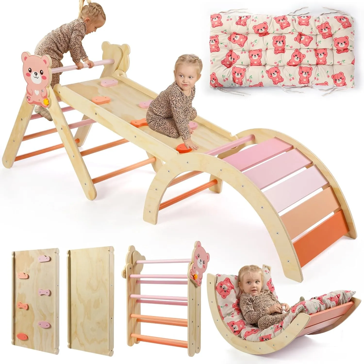 7-in-1 Montessori Kletterdreieck Set mit Rutsche, Kletterbogen & weichem Kissen – Holz Klettergerüst für Babys & Kleink…